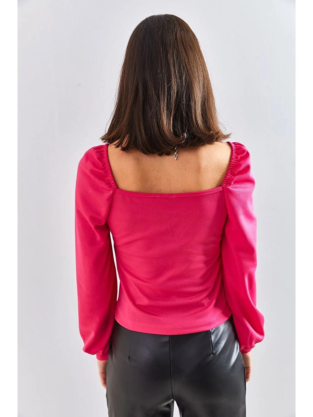 Fuşya Kadın Önü Dikişli Prenses Kol Bluz-3