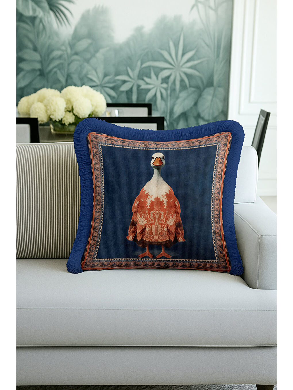 Karışık Zarif Vintage Halı Saçaklı Yastık Kılıfı - Hayvan Figürlü Bohem Lacivert Püsküllü Kırlent Kılıfı