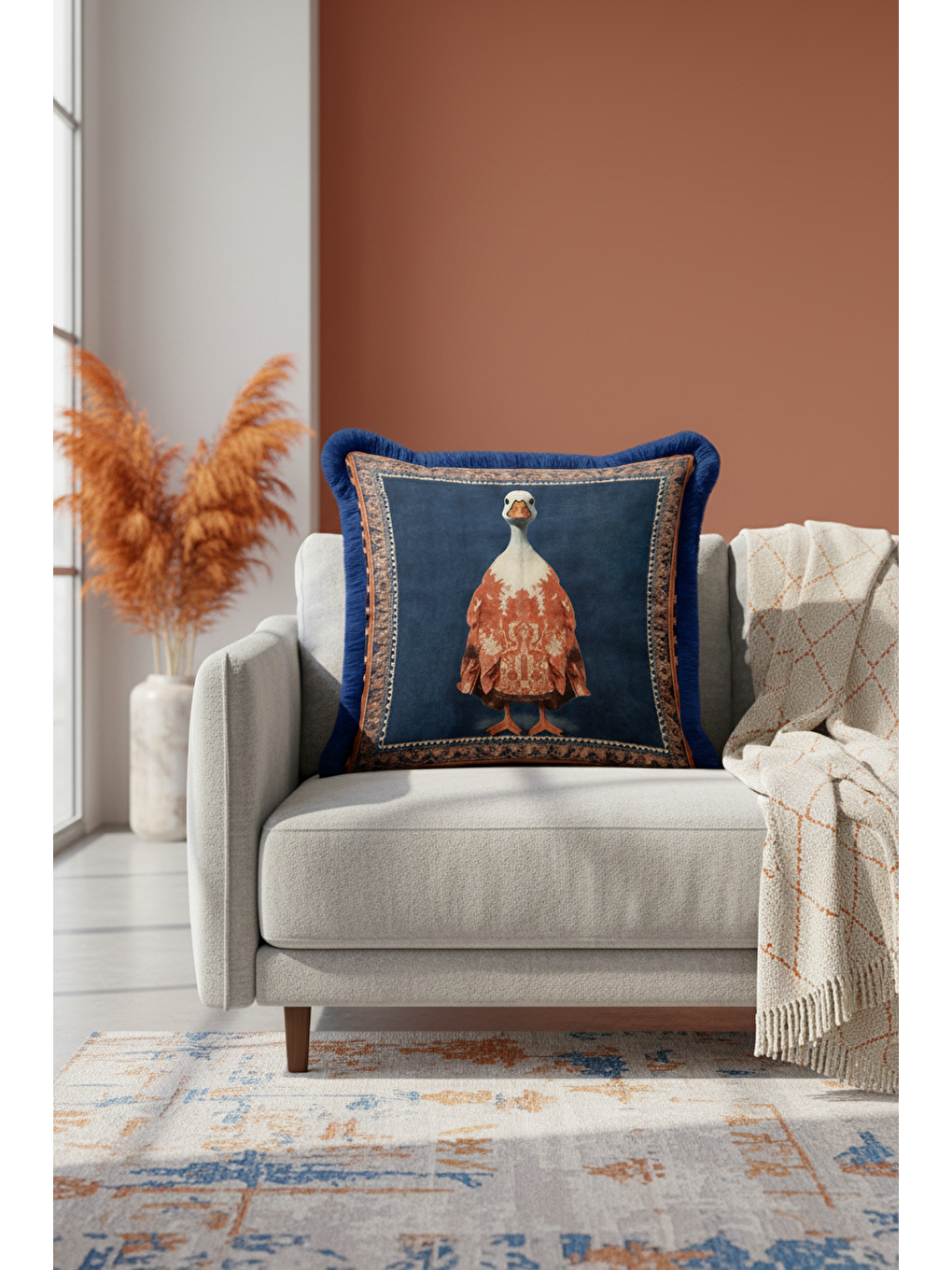 Karışık Zarif Vintage Halı Saçaklı Yastık Kılıfı - Hayvan Figürlü Bohem Lacivert Püsküllü Kırlent Kılıfı-1