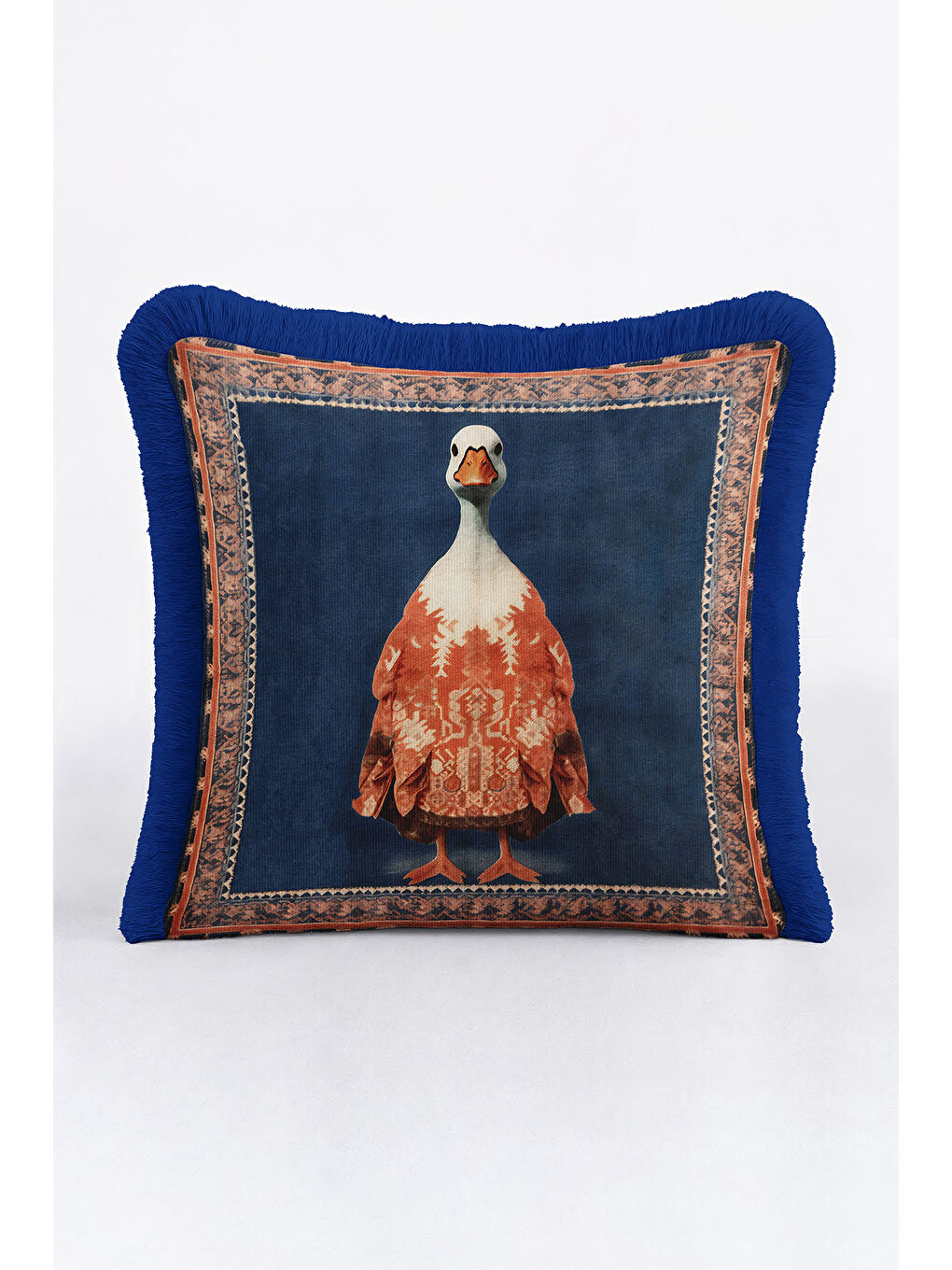 Karışık Zarif Vintage Halı Saçaklı Yastık Kılıfı - Hayvan Figürlü Bohem Lacivert Püsküllü Kırlent Kılıfı-2