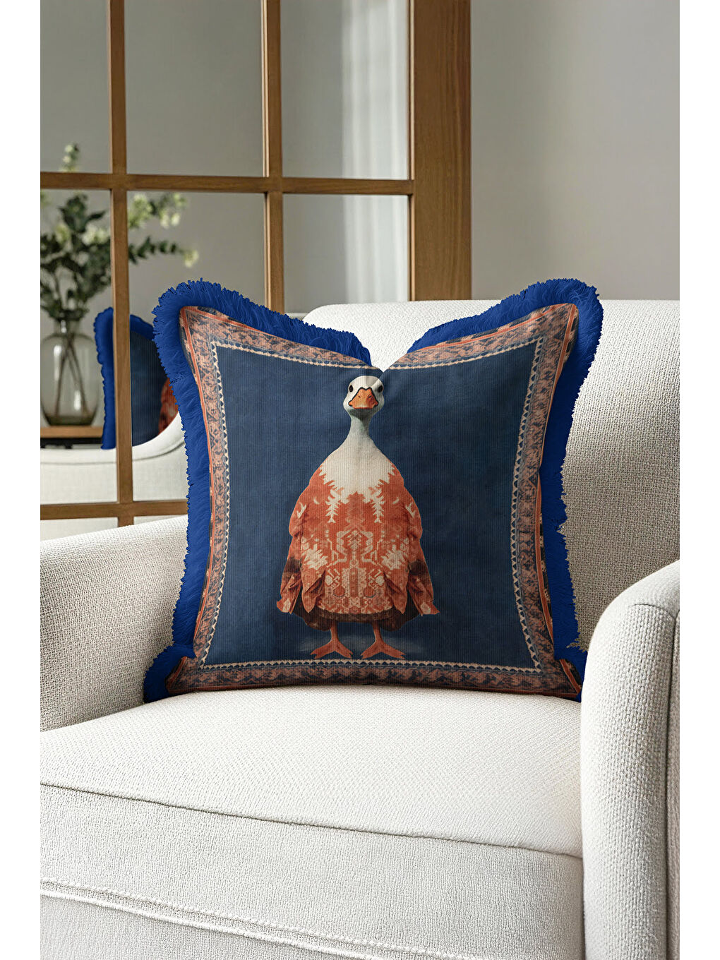 Karışık Zarif Vintage Halı Saçaklı Yastık Kılıfı - Hayvan Figürlü Bohem Lacivert Püsküllü Kırlent Kılıfı-3