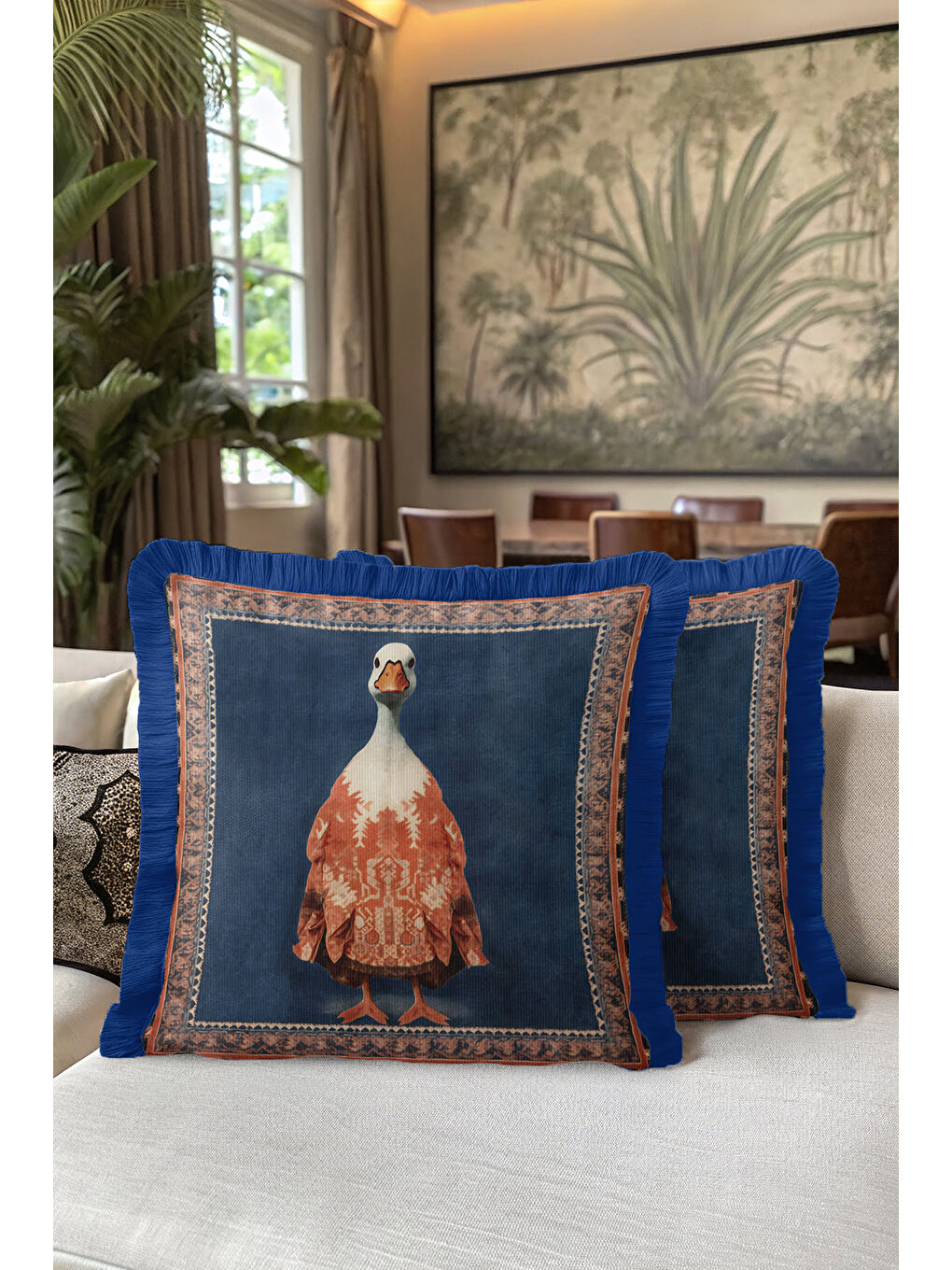 Karışık Zarif Vintage Halı Saçaklı Yastık Kılıfı - Hayvan Figürlü Bohem Lacivert Püsküllü Kırlent Kılıfı-5