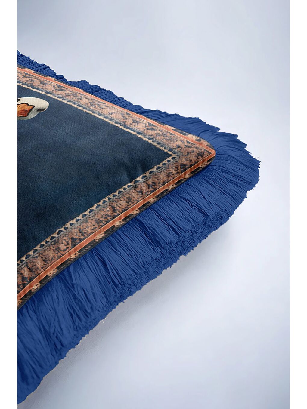 Karışık Zarif Vintage Halı Saçaklı Yastık Kılıfı - Hayvan Figürlü Bohem Lacivert Püsküllü Kırlent Kılıfı-6