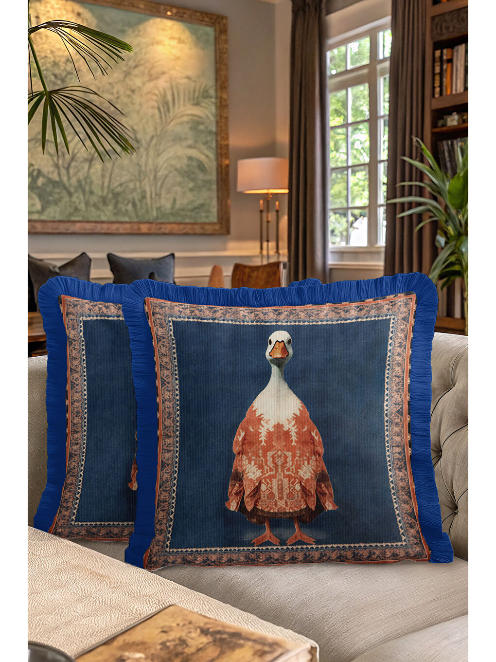 Karışık Zarif Vintage Halı Saçaklı Yastık Kılıfı - Hayvan Figürlü Bohem Lacivert Püsküllü Kırlent Kılıfı-7