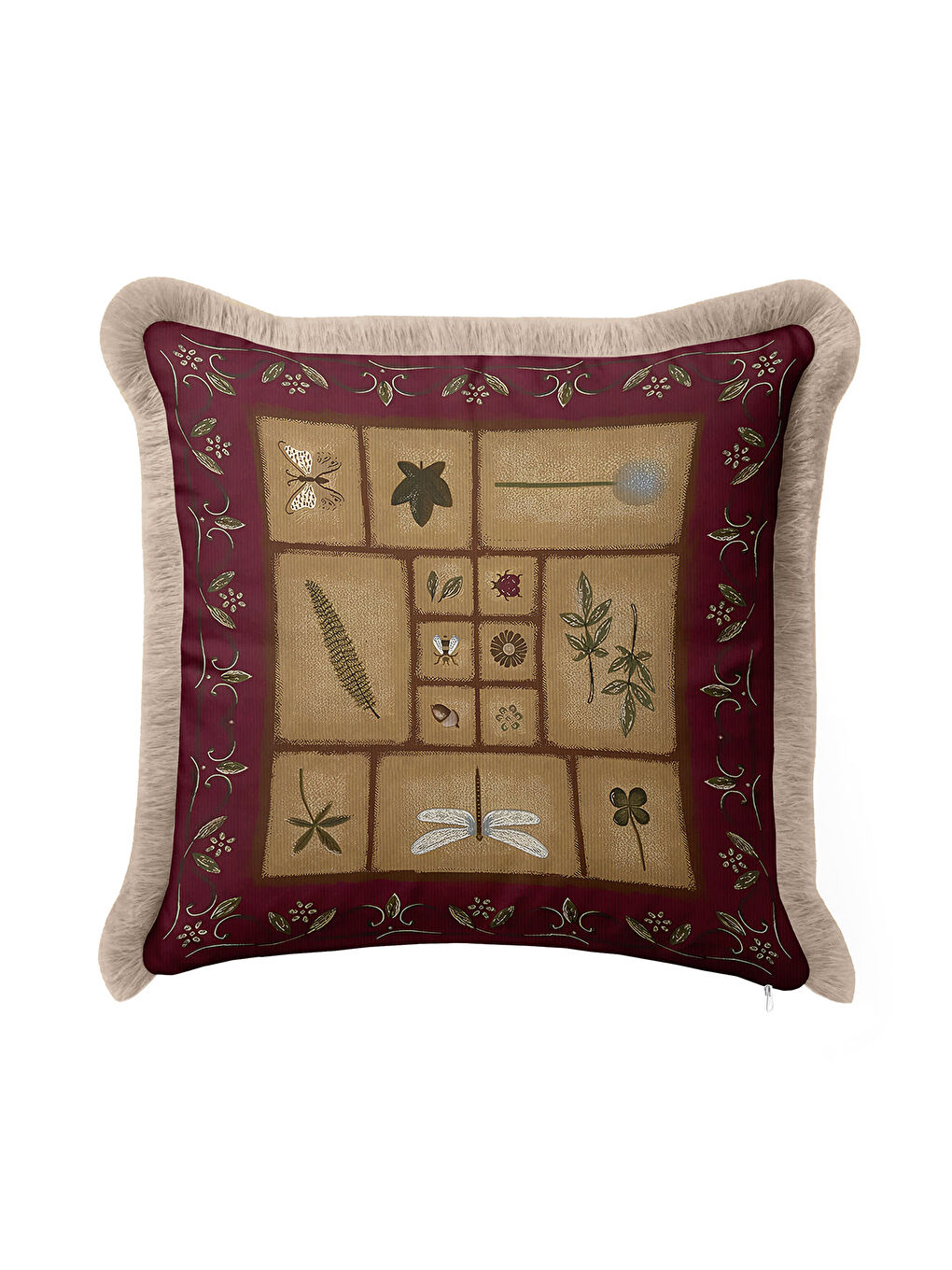 Karışık Vintage Botanik Saçaklı Yastık Kılıfı - Doğal Rustik Bordo Altın Renkli Püsküllü Kırlent Kılıfı-1