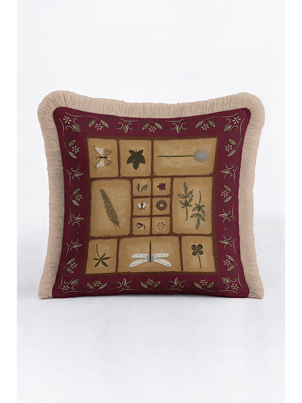 Karışık Vintage Botanik Saçaklı Yastık Kılıfı - Doğal Rustik Bordo Altın Renkli Püsküllü Kırlent Kılıfı-2