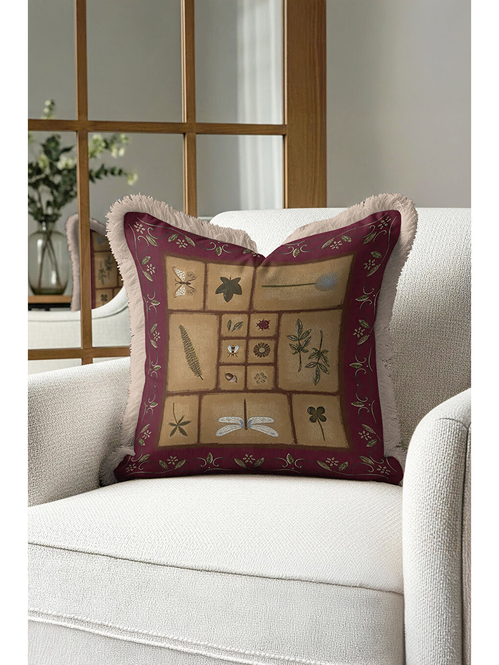 Karışık Vintage Botanik Saçaklı Yastık Kılıfı - Doğal Rustik Bordo Altın Renkli Püsküllü Kırlent Kılıfı-3