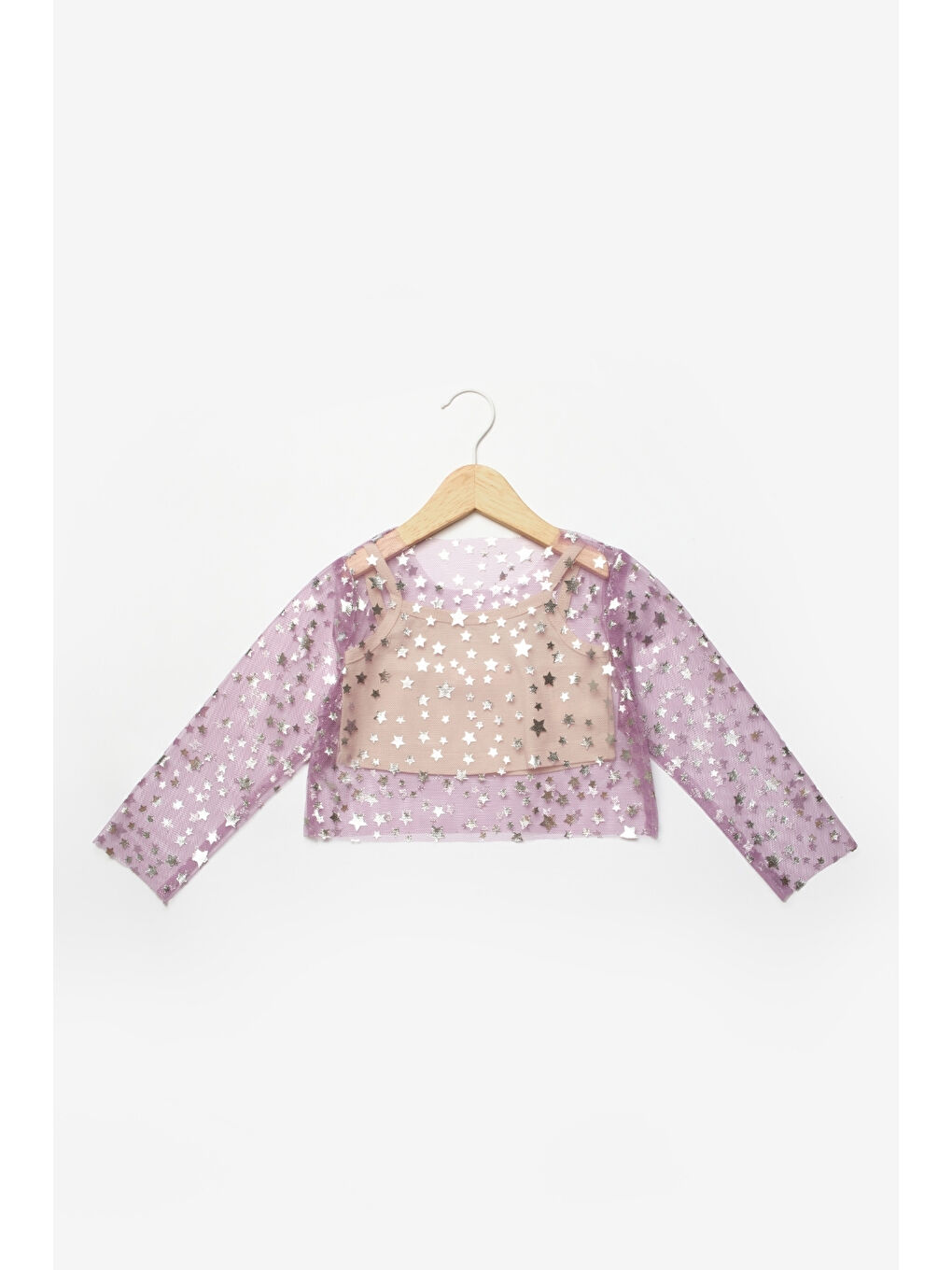 Lila Uzun Kollu Yıldızlı Kız Çocuk Tül Crop