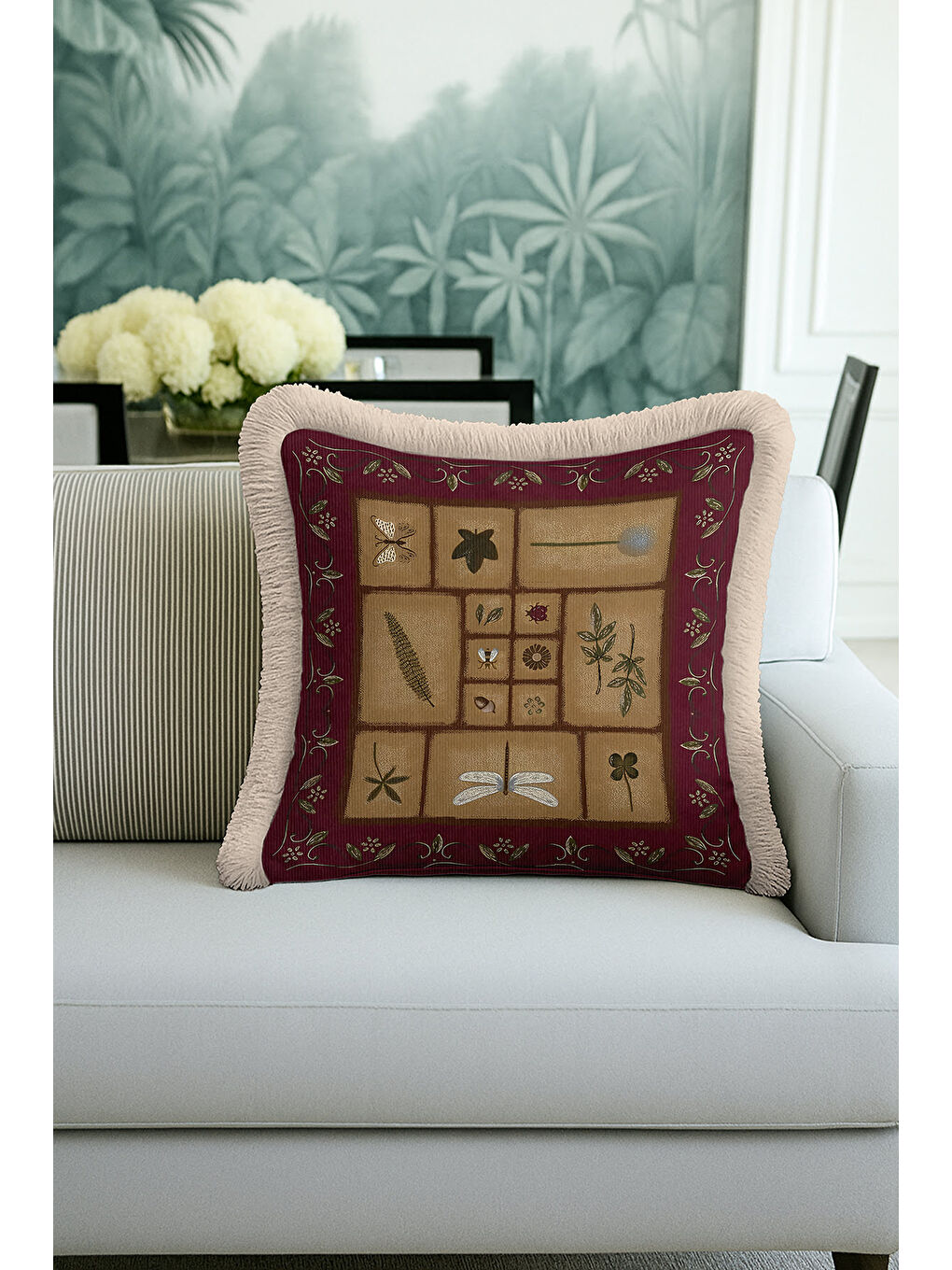 Karışık Vintage Botanik Saçaklı Yastık Kılıfı - Doğal Rustik Bordo Altın Renkli Püsküllü Kırlent Kılıfı-4