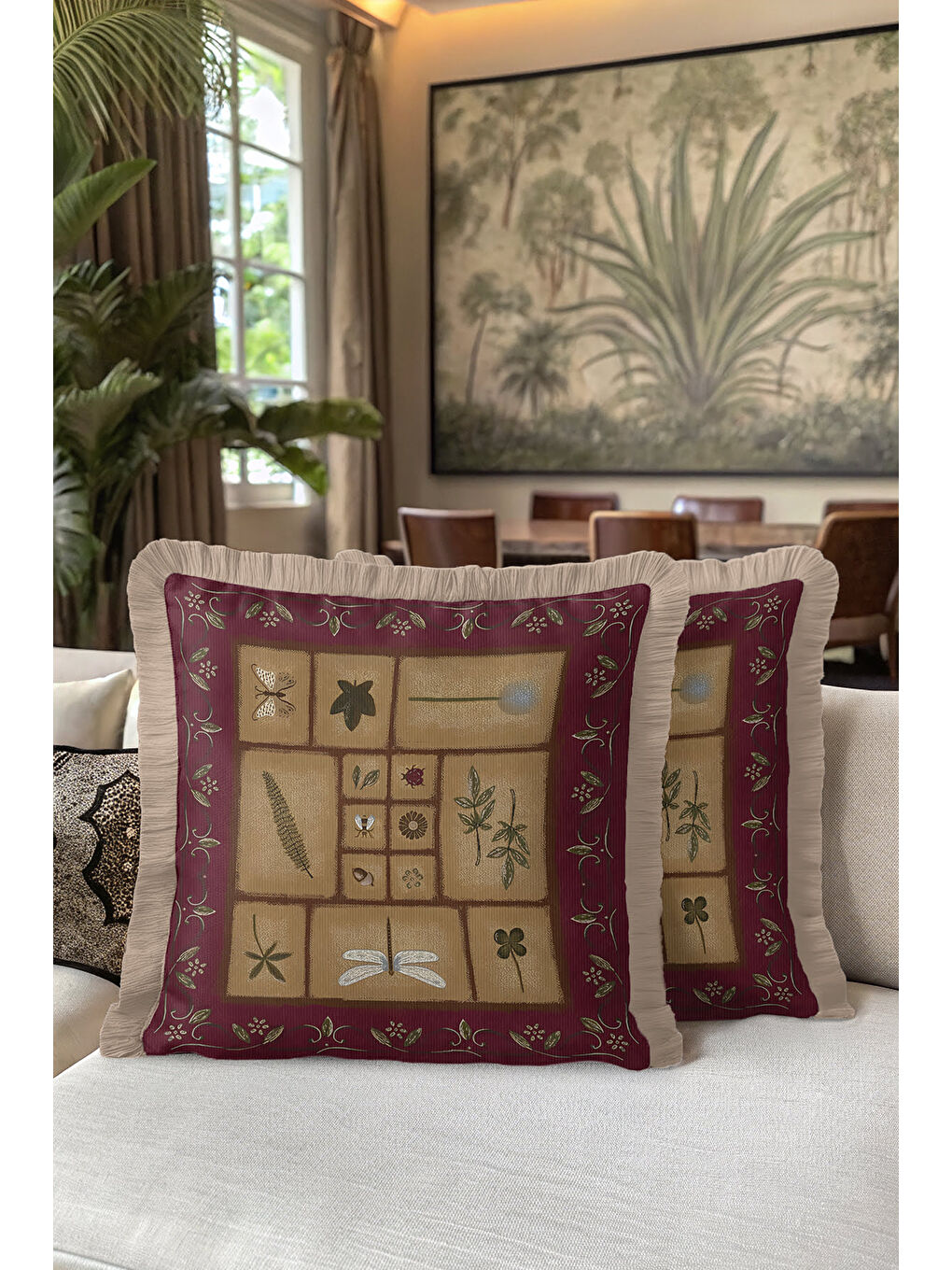 Karışık Vintage Botanik Saçaklı Yastık Kılıfı - Doğal Rustik Bordo Altın Renkli Püsküllü Kırlent Kılıfı-5