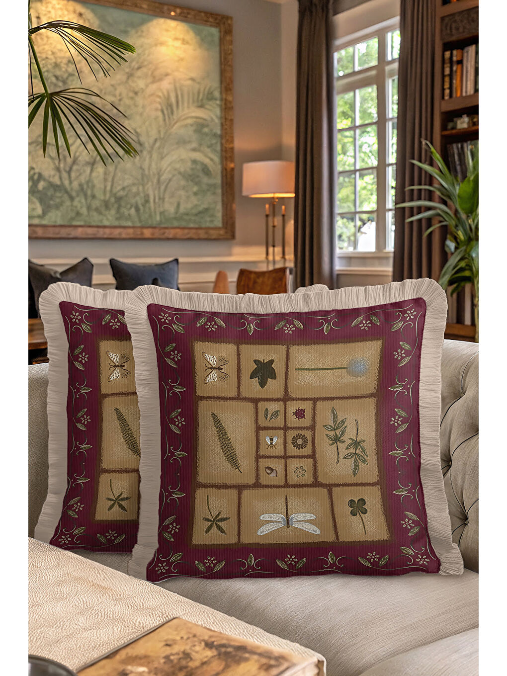 Karışık Vintage Botanik Saçaklı Yastık Kılıfı - Doğal Rustik Bordo Altın Renkli Püsküllü Kırlent Kılıfı-7