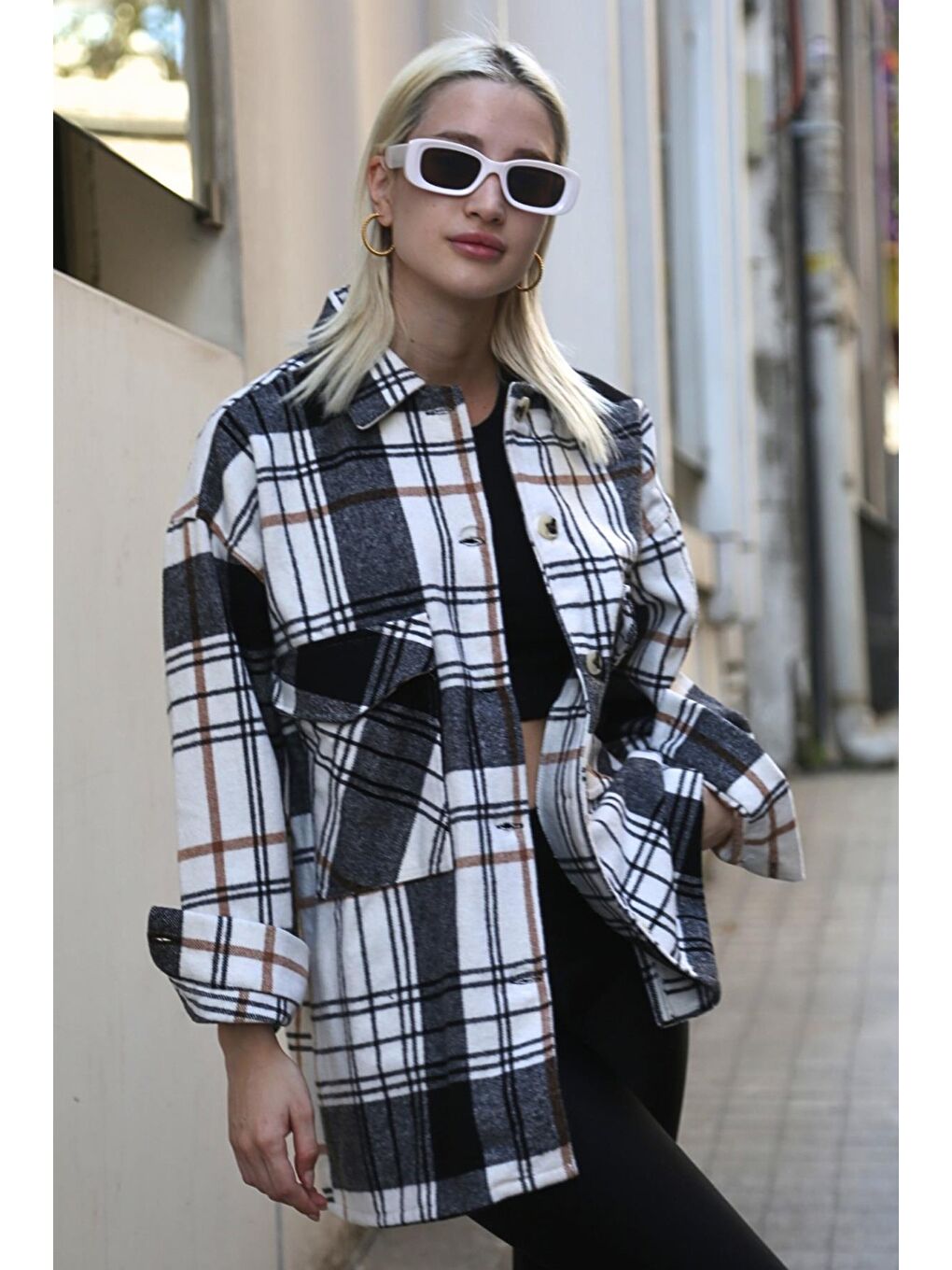 Siyah Ekoseli Kadın Oduncu Gömlek Mg1915