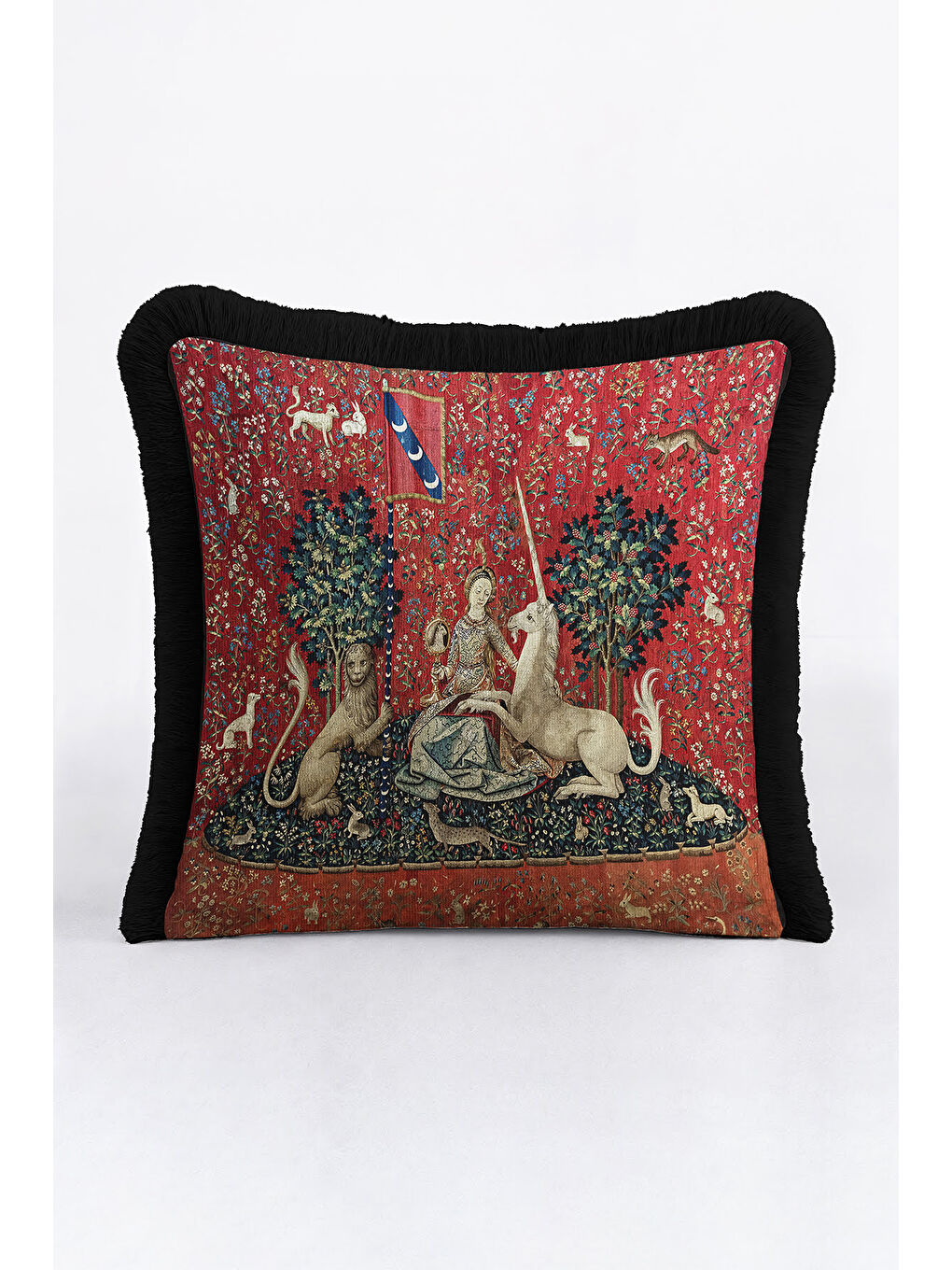 Karışık Ortaçağ Goblen Sanatlı Saçaklı Yastık Kılıfı - Asil Kırmızı Bohem Siyah Püsküllü Kırlent Kılıfı