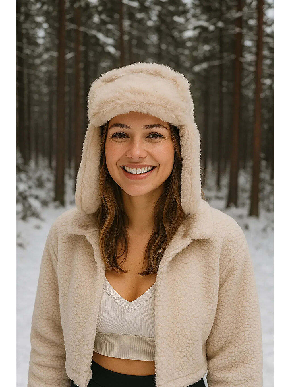 Kadın Bej Çıtçıtlı Kürklü Kulaklıklı Pelüş Bere Şapka Bere1127