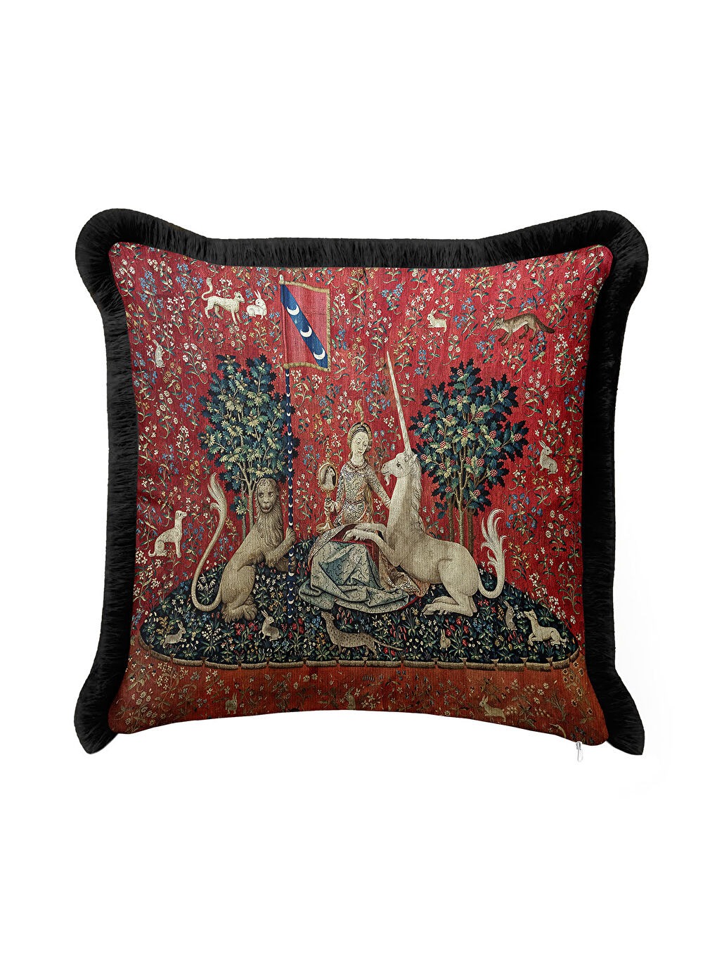 Karışık Ortaçağ Goblen Sanatlı Saçaklı Yastık Kılıfı - Asil Kırmızı Bohem Siyah Püsküllü Kırlent Kılıfı-1
