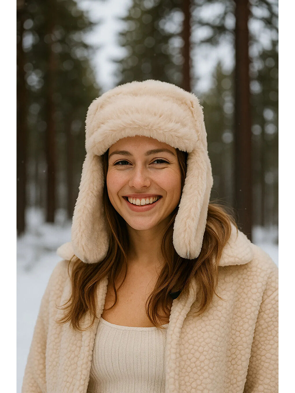 Kadın Bej Çıtçıtlı Kürklü Kulaklıklı Pelüş Bere Şapka Bere1127-1