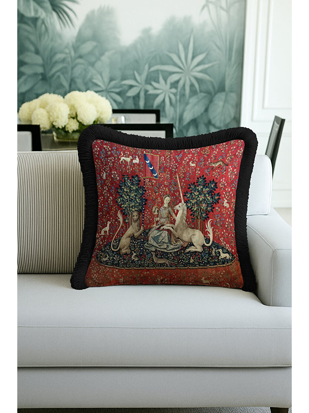 Karışık Ortaçağ Goblen Sanatlı Saçaklı Yastık Kılıfı - Asil Kırmızı Bohem Siyah Püsküllü Kırlent Kılıfı-2