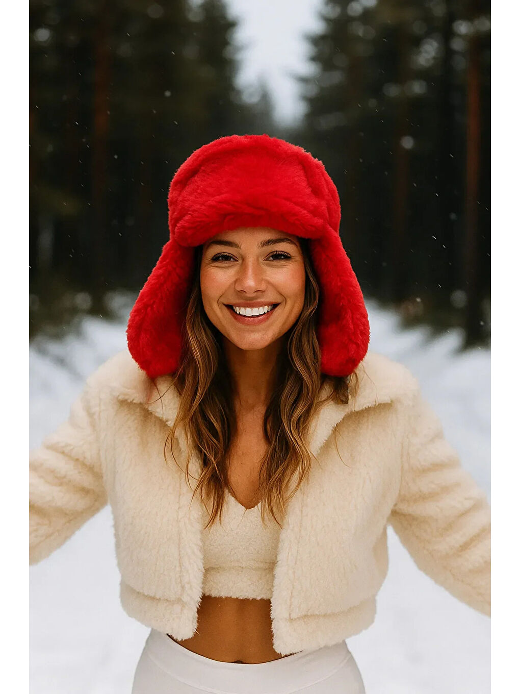 Kadın Kırmızı Çıtçıtlı Kürklü Kulaklıklı Pelüş Bere Şapka Bere1127