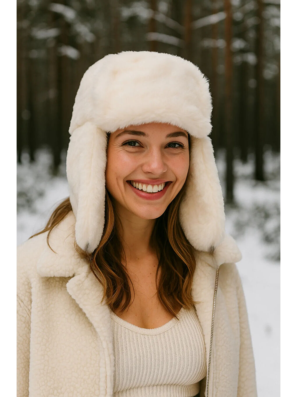 Kadın Ekru Çıtçıtlı Kürklü Kulaklıklı Pelüş Bere Şapka Bere1127-1