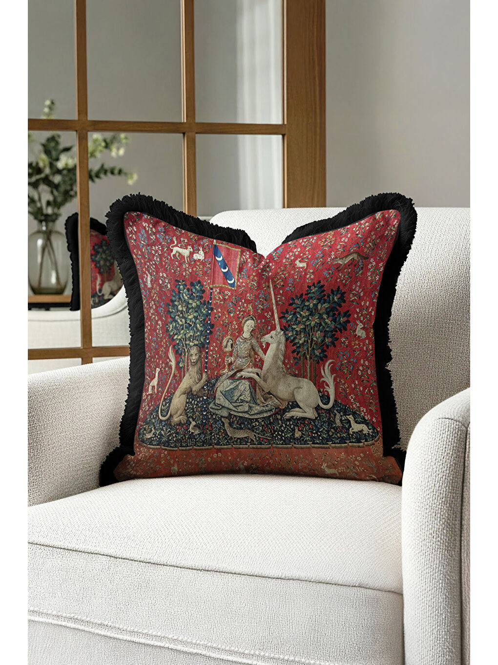 Karışık Ortaçağ Goblen Sanatlı Saçaklı Yastık Kılıfı - Asil Kırmızı Bohem Siyah Püsküllü Kırlent Kılıfı-4