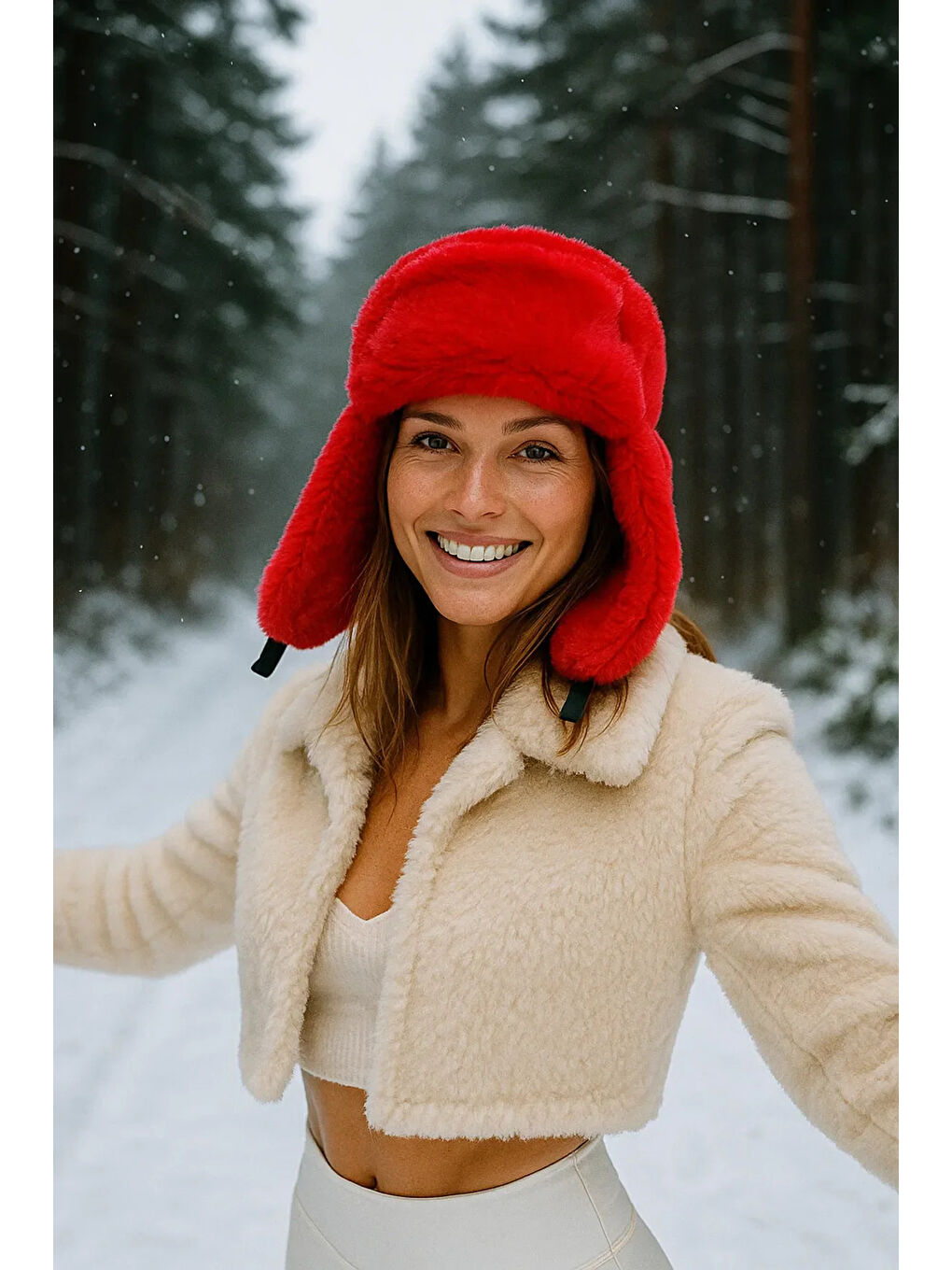 Kadın Kırmızı Çıtçıtlı Kürklü Kulaklıklı Pelüş Bere Şapka Bere1127-1