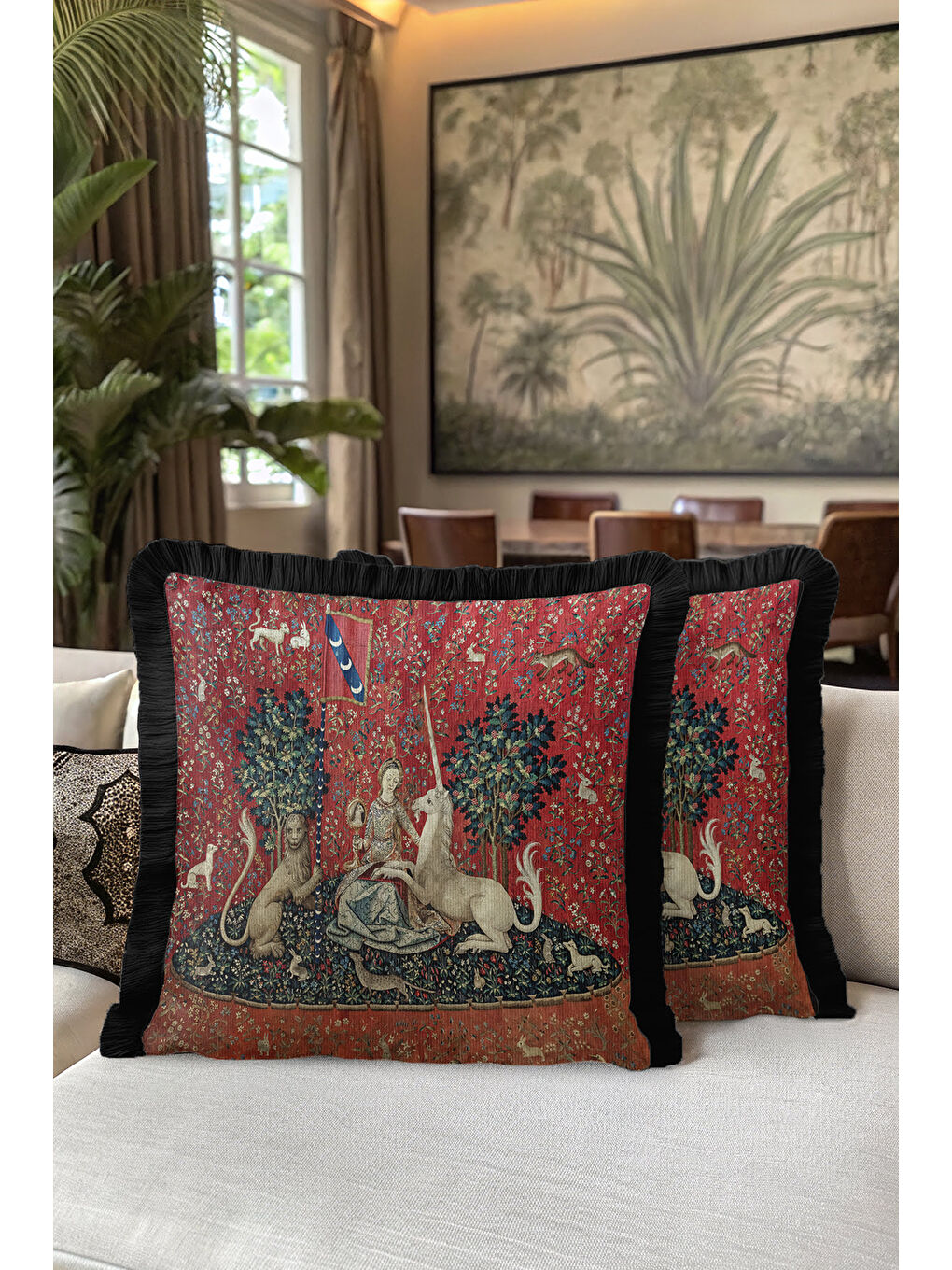Karışık Ortaçağ Goblen Sanatlı Saçaklı Yastık Kılıfı - Asil Kırmızı Bohem Siyah Püsküllü Kırlent Kılıfı-5