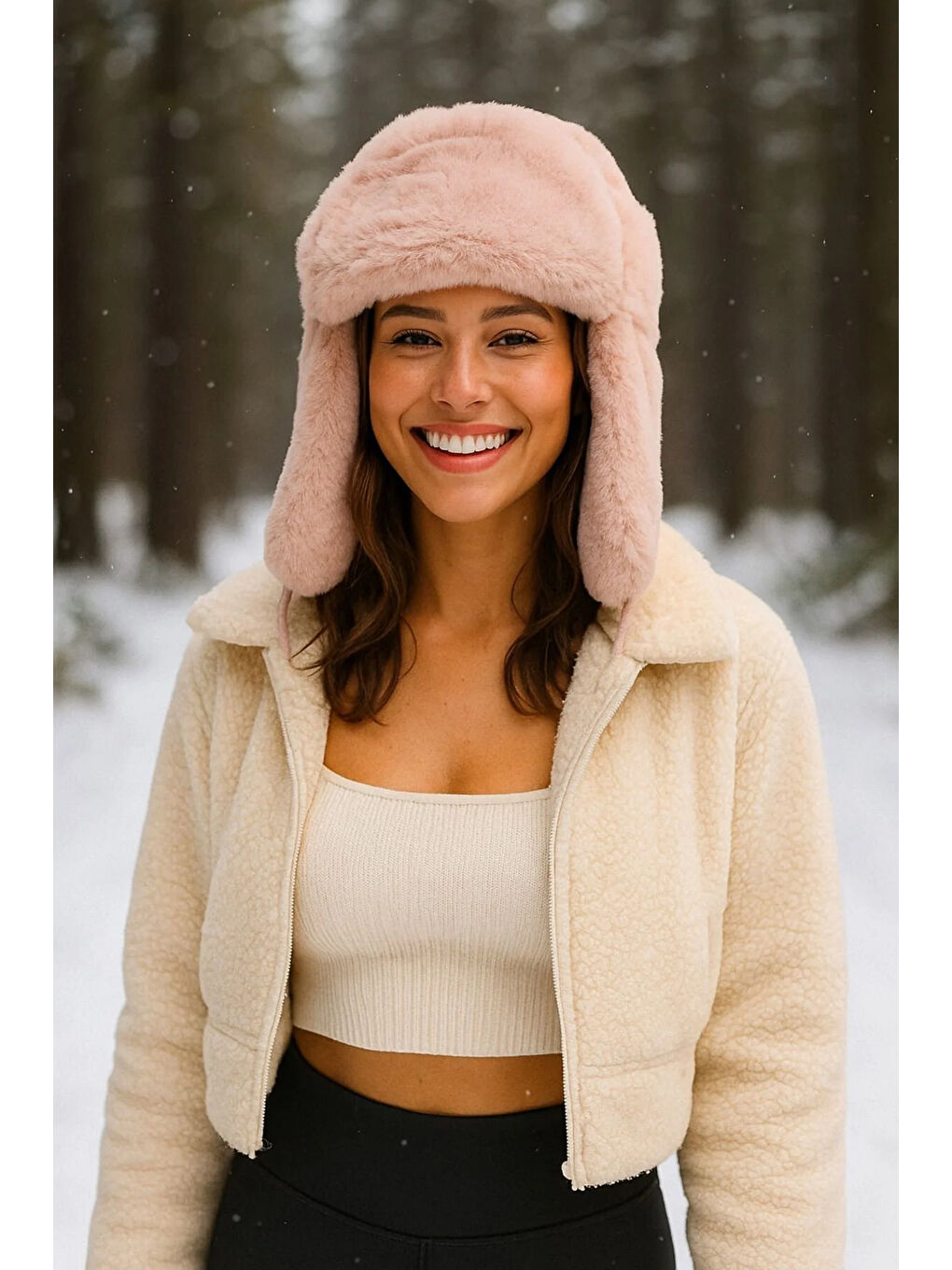 Pembe Kadın Pudra Çıtçıtlı Kürklü Kulaklıklı Pelüş Bere Şapka Bere1127