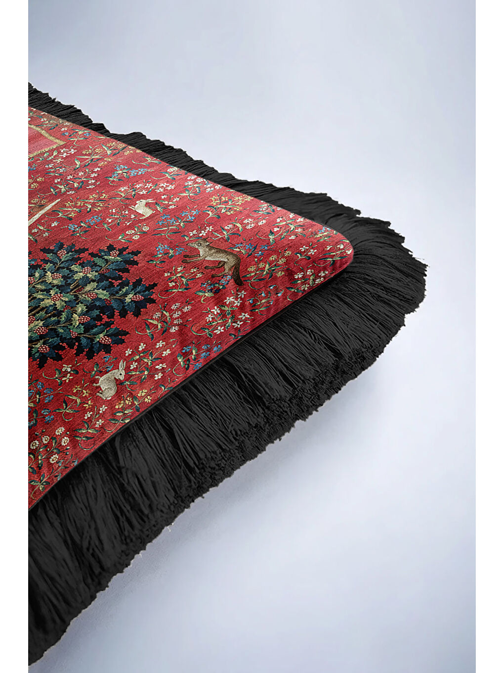 Karışık Ortaçağ Goblen Sanatlı Saçaklı Yastık Kılıfı - Asil Kırmızı Bohem Siyah Püsküllü Kırlent Kılıfı-6