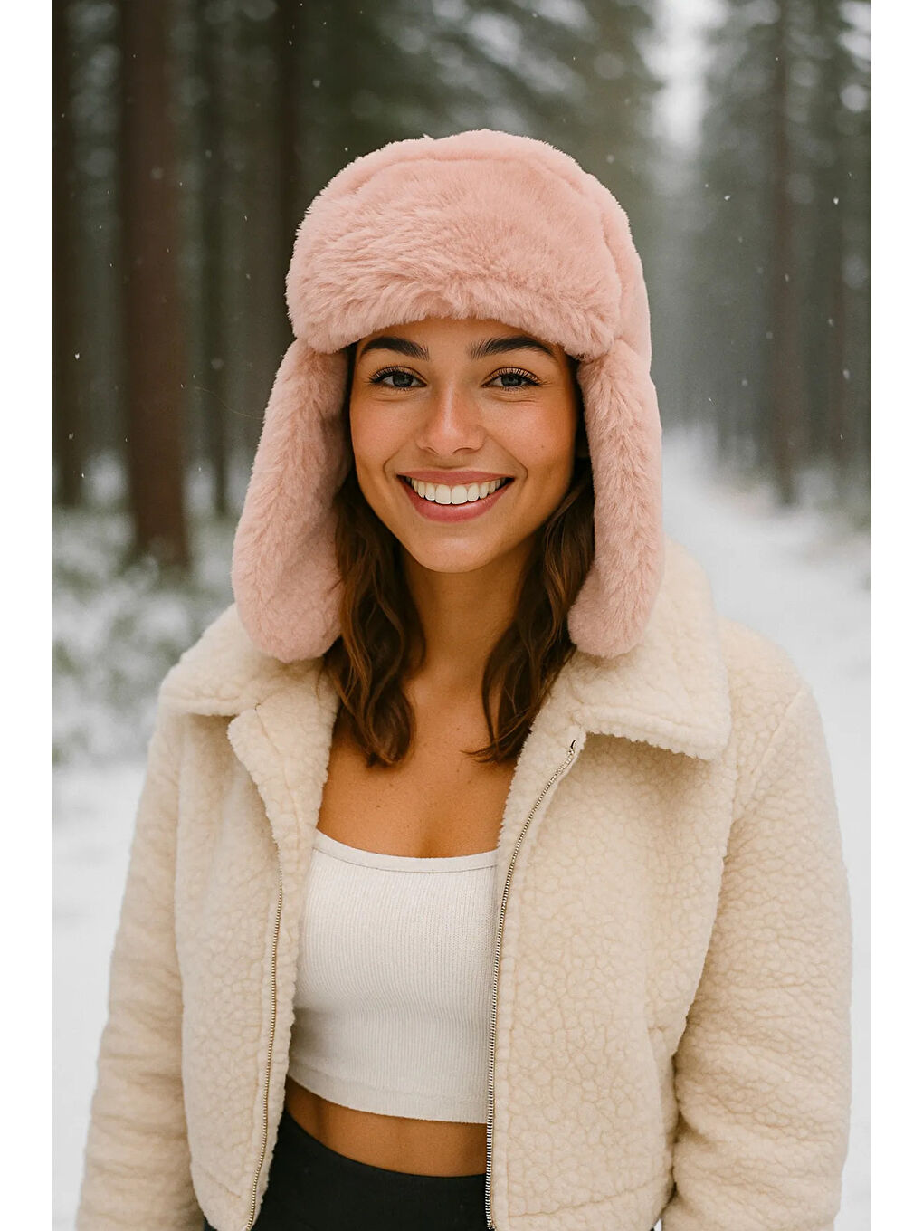 Pembe Kadın Pudra Çıtçıtlı Kürklü Kulaklıklı Pelüş Bere Şapka Bere1127-1