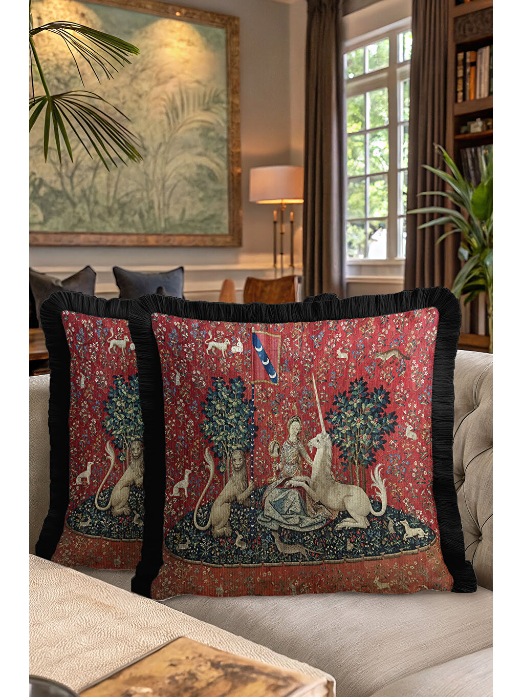 Karışık Ortaçağ Goblen Sanatlı Saçaklı Yastık Kılıfı - Asil Kırmızı Bohem Siyah Püsküllü Kırlent Kılıfı-7