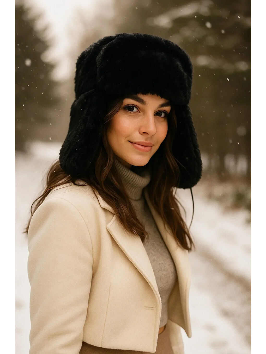 Kadın Siyah Çıtçıtlı Kürklü Kulaklıklı Pelüş Bere Şapka Bere1127-1