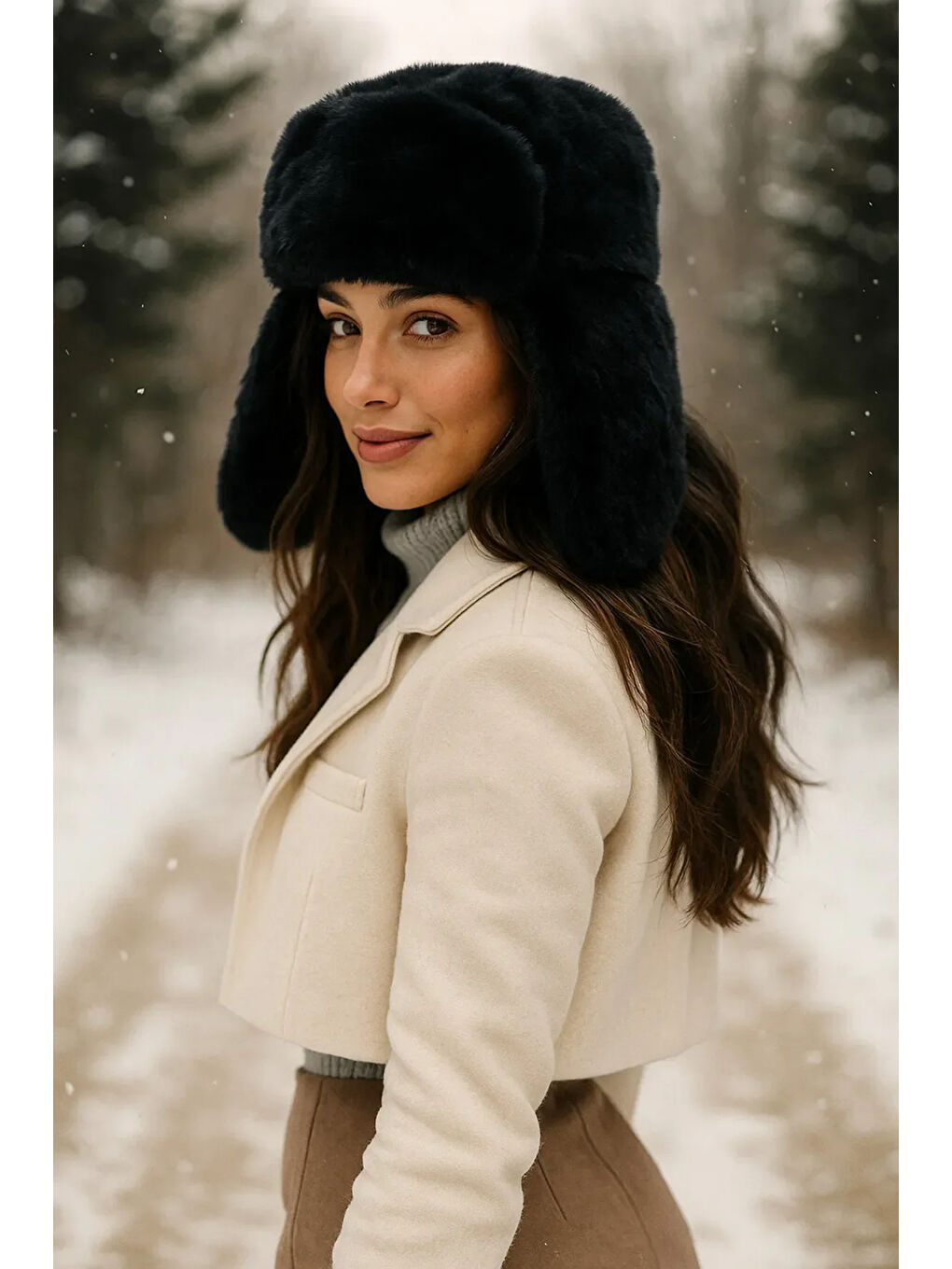 Kadın Siyah Çıtçıtlı Kürklü Kulaklıklı Pelüş Bere Şapka Bere1127-2