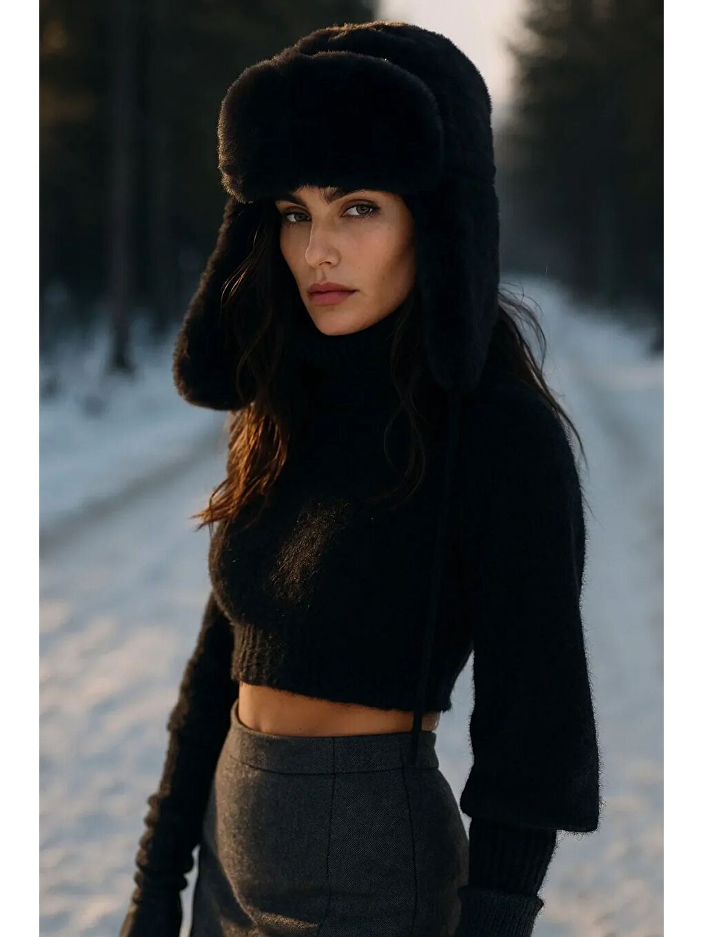 Kadın Siyah Çıtçıtlı Kürklü Kulaklıklı Pelüş Bere Şapka Bere1127-3