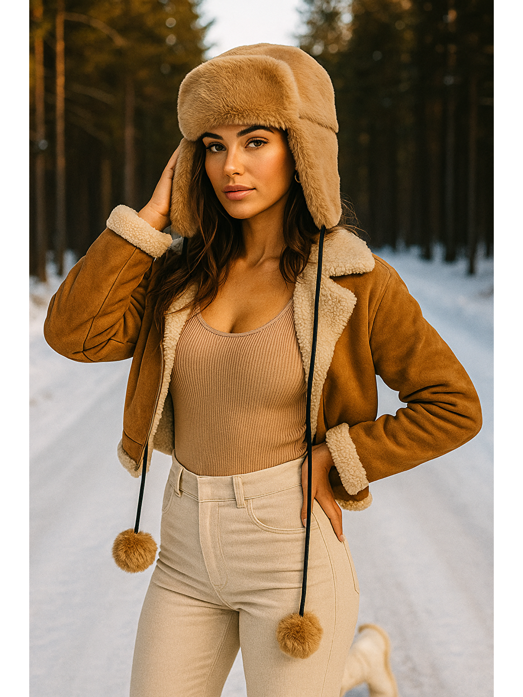 Kahverengi Kadın Camel Kürklü Kulaklıklı Pelüş Şapka Bere1103-1