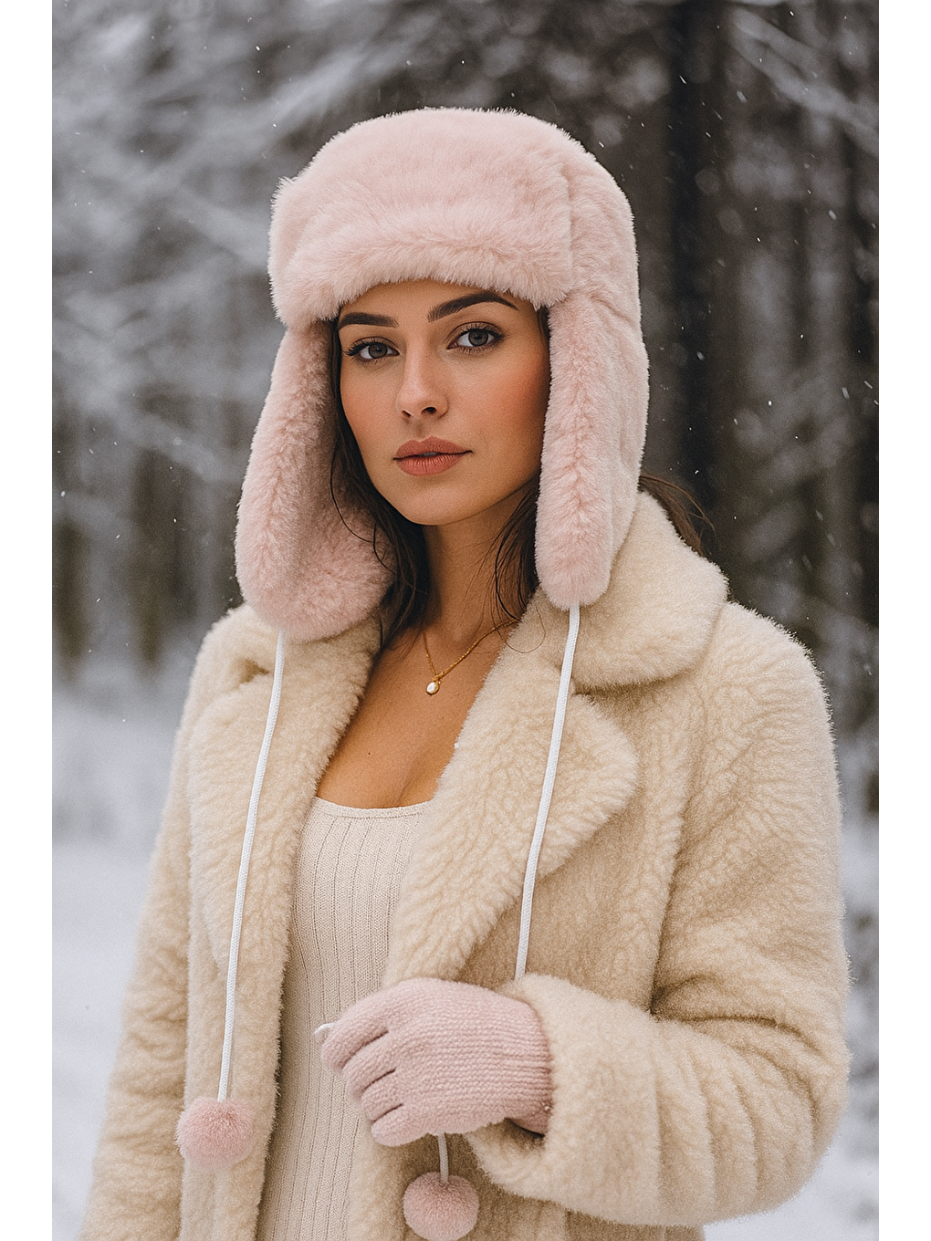 Kadın Pembe Kürklü Kulaklıklı Pelüş Şapka Bere1103-1