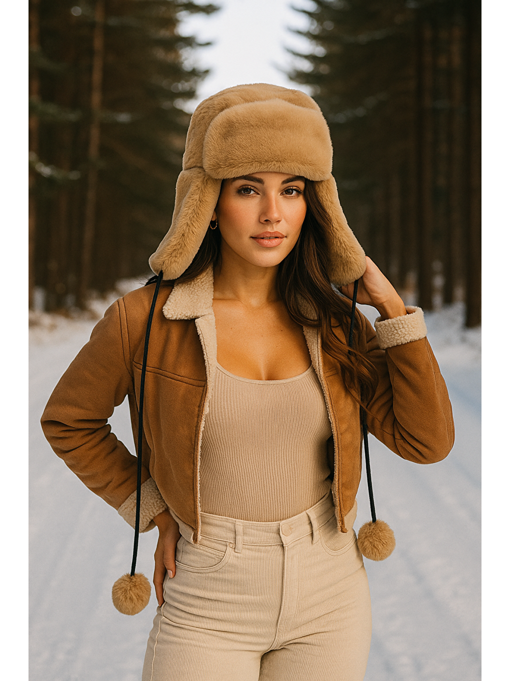 Kahverengi Kadın Camel Kürklü Kulaklıklı Pelüş Şapka Bere1103-2