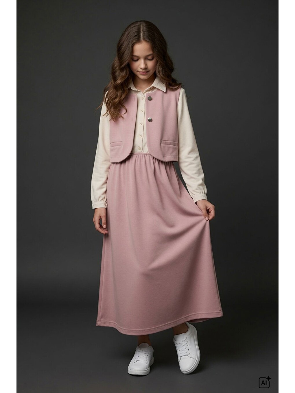 Pembe Kız Çocuk Sıfır Kol Yelekli Gömlek Yaka Elbise Takımı 24749