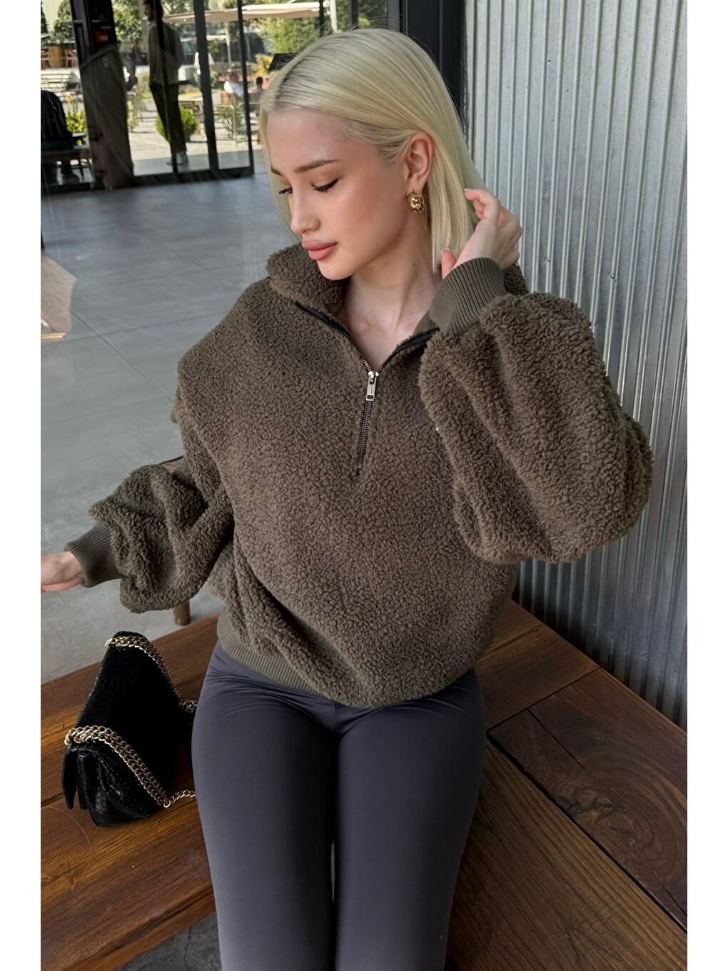 Haki Peluş Fermuar Yaka Sweatshirt Mg1413-1