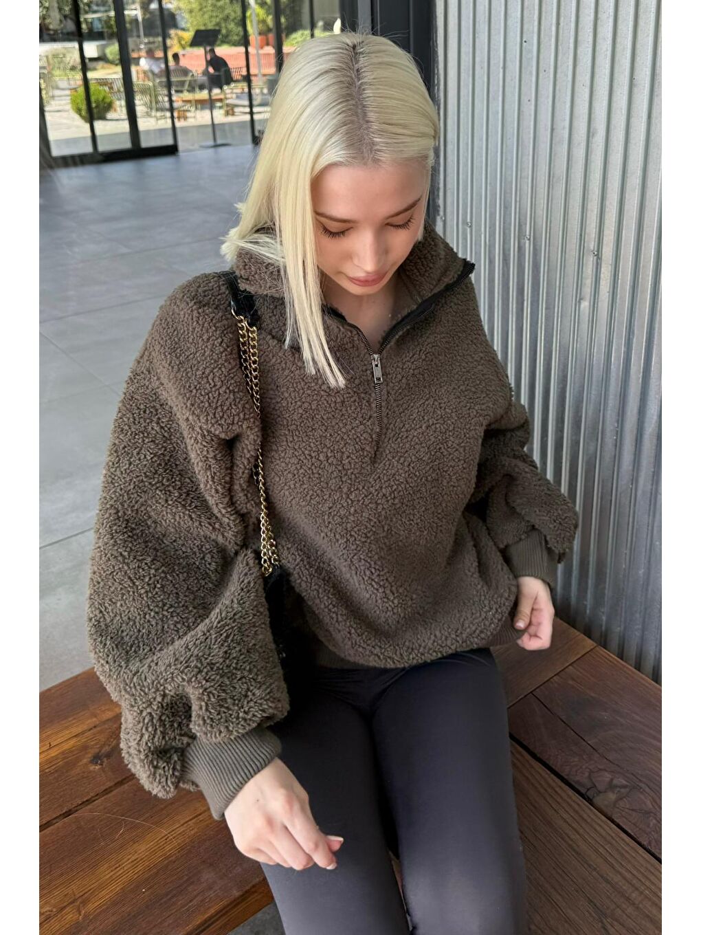 Haki Peluş Fermuar Yaka Sweatshirt Mg1413-2