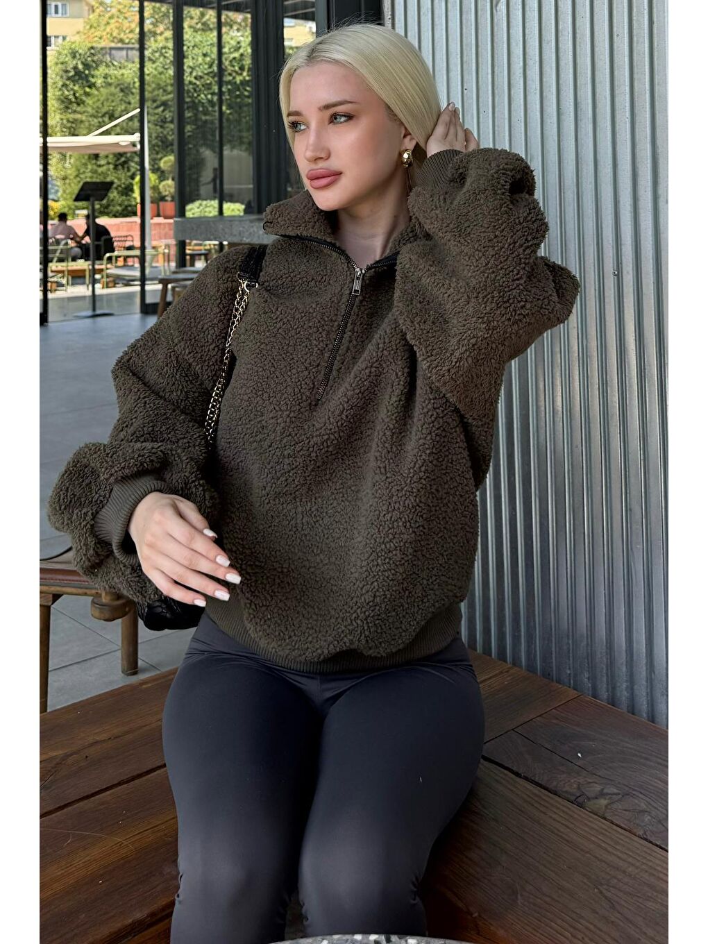 Haki Peluş Fermuar Yaka Sweatshirt Mg1413-3