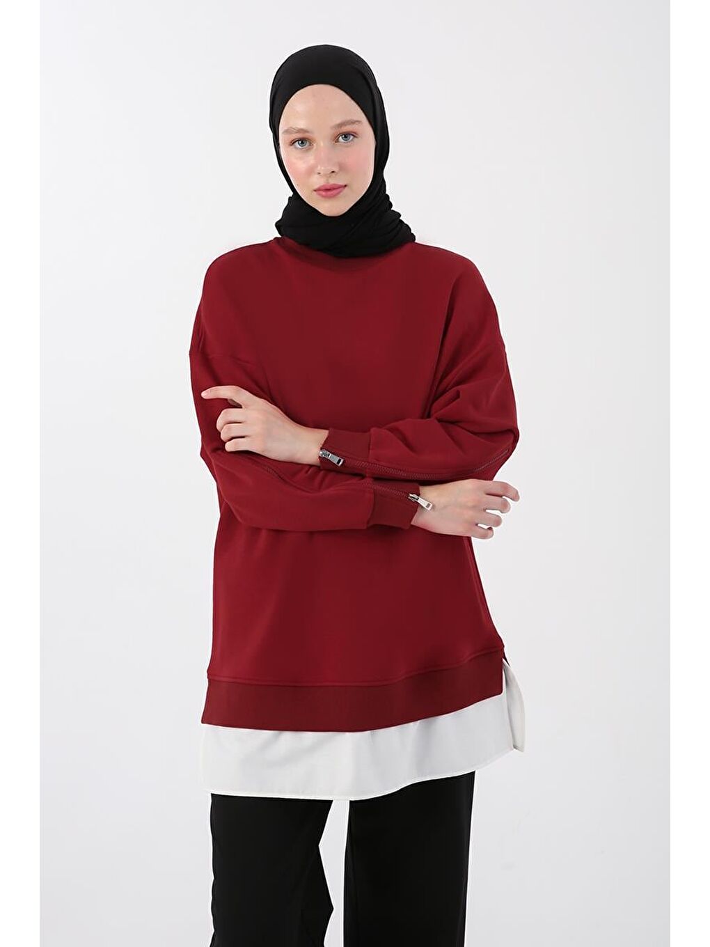 Kırmızı-Kolları Fermuarlı Dokuma Garnili Oversize Sweat