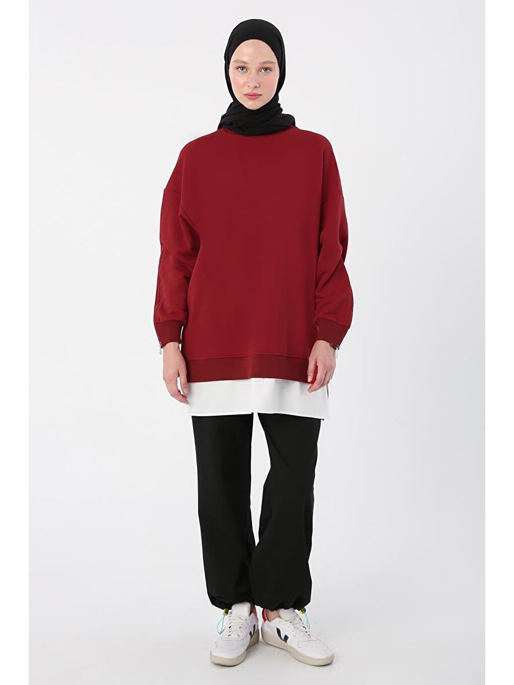 Kırmızı-Kolları Fermuarlı Dokuma Garnili Oversize Sweat-1