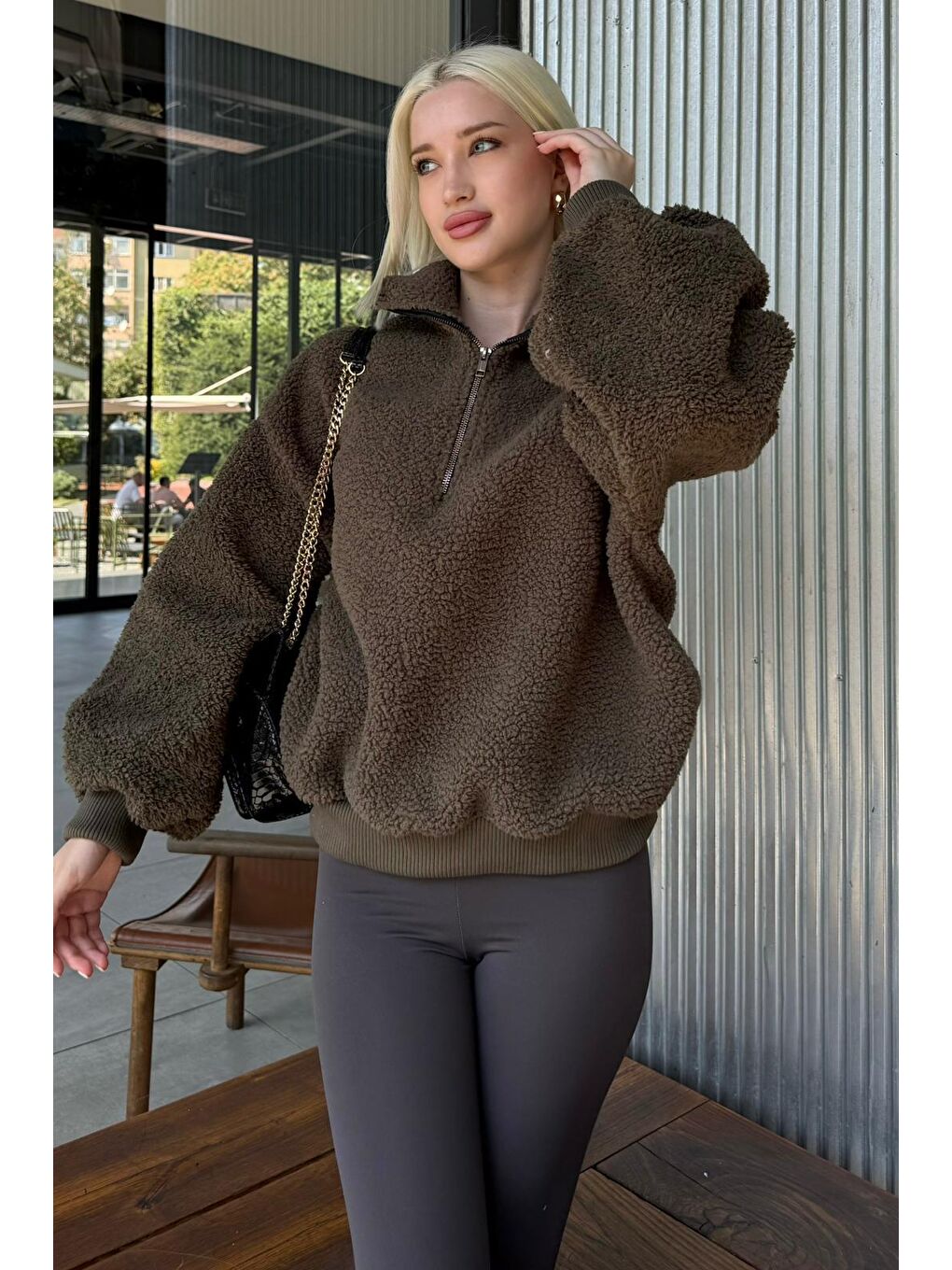 Haki Peluş Fermuar Yaka Sweatshirt Mg1413-4