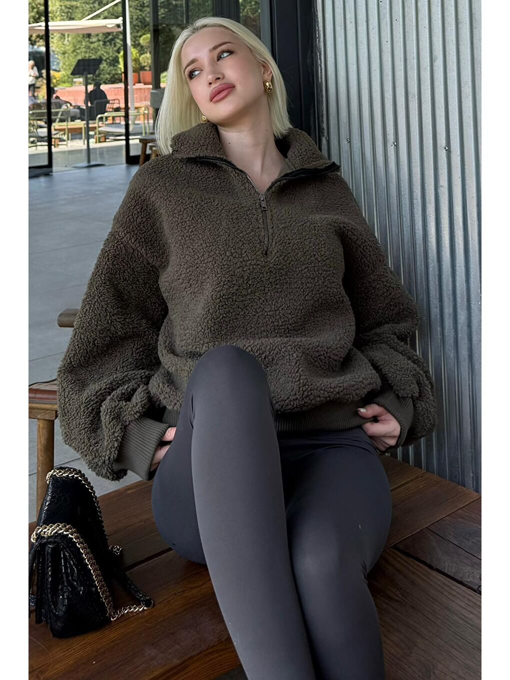 Haki Peluş Fermuar Yaka Sweatshirt Mg1413-5