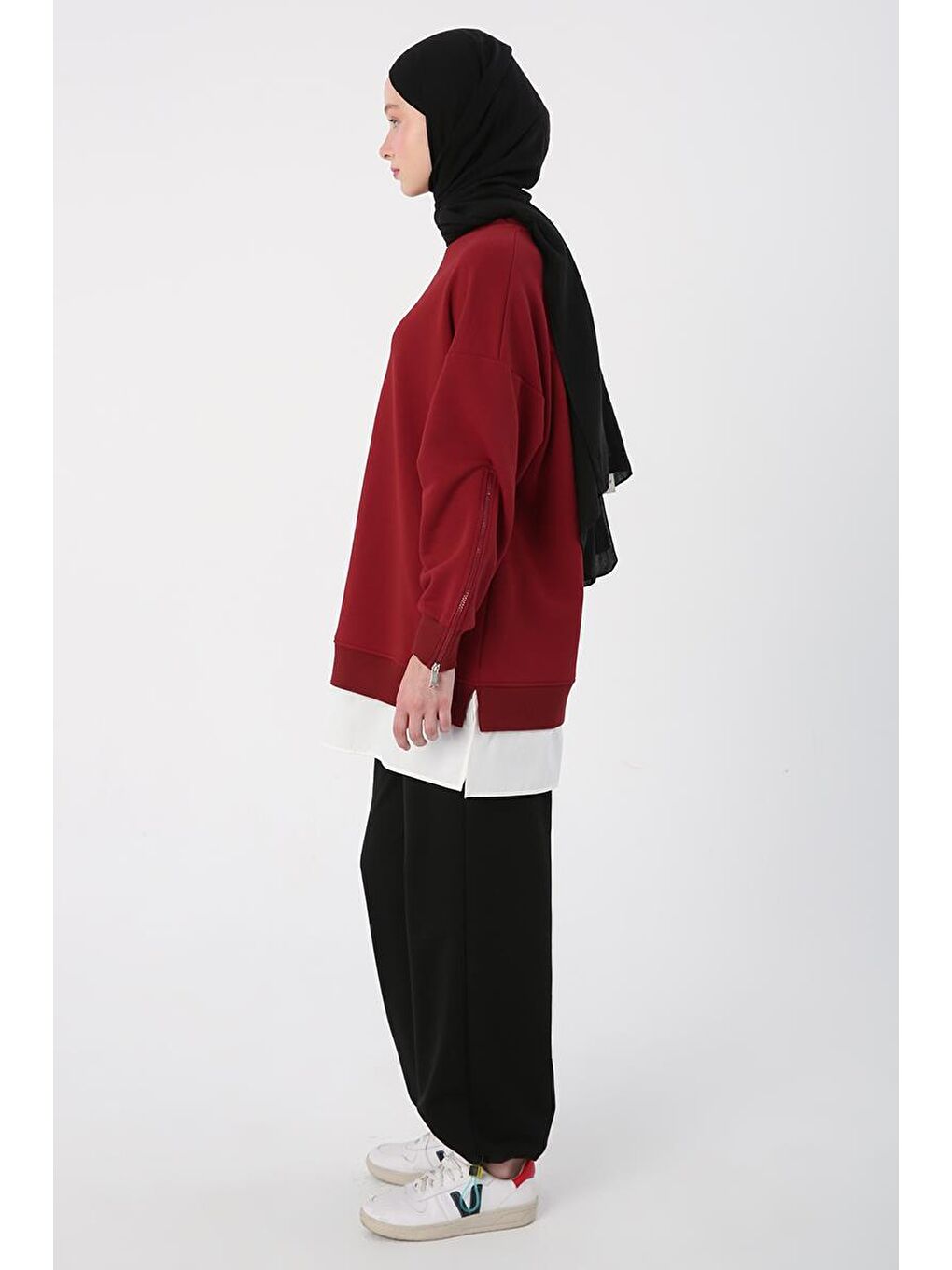 Kırmızı-Kolları Fermuarlı Dokuma Garnili Oversize Sweat-2