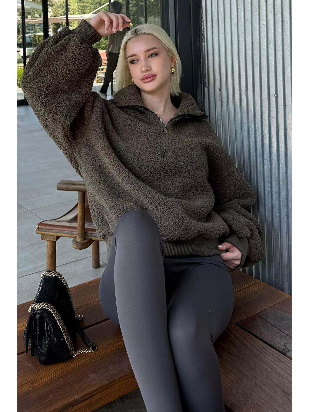 Haki Peluş Fermuar Yaka Sweatshirt Mg1413-6