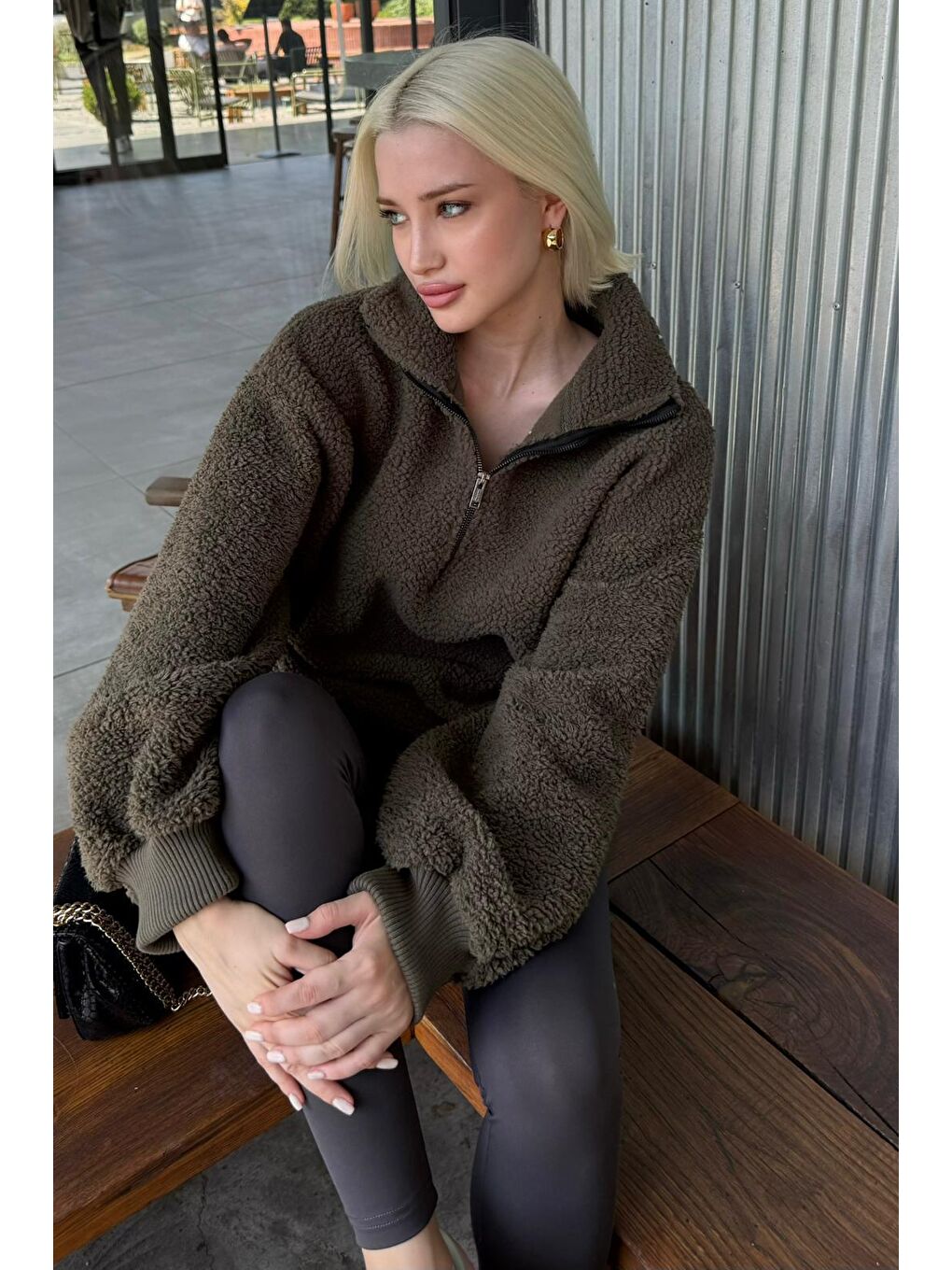 Haki Peluş Fermuar Yaka Sweatshirt Mg1413-7