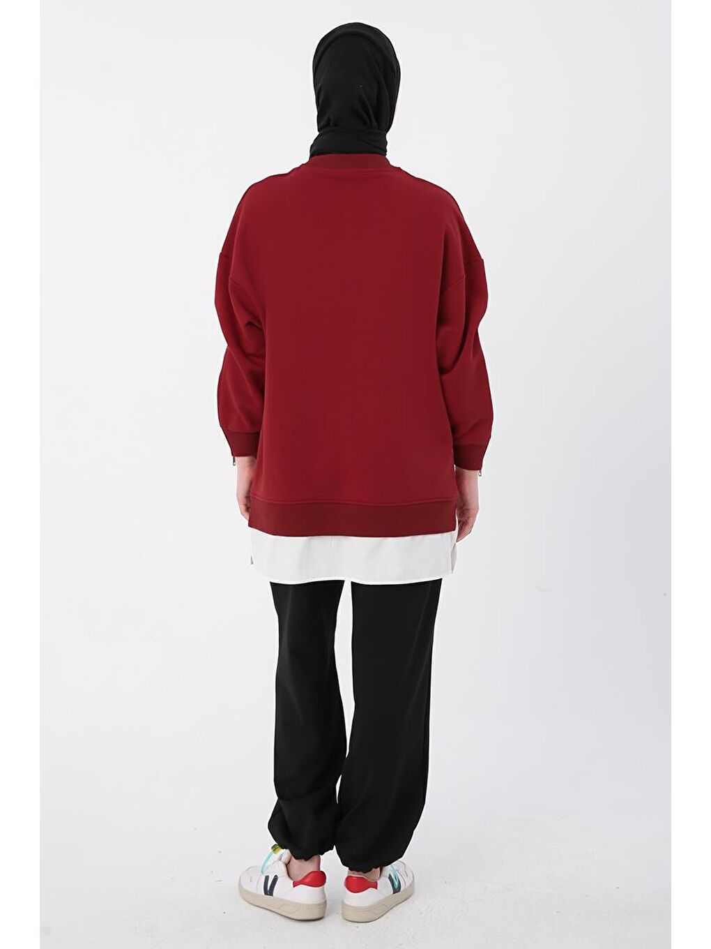 Kırmızı-Kolları Fermuarlı Dokuma Garnili Oversize Sweat-3