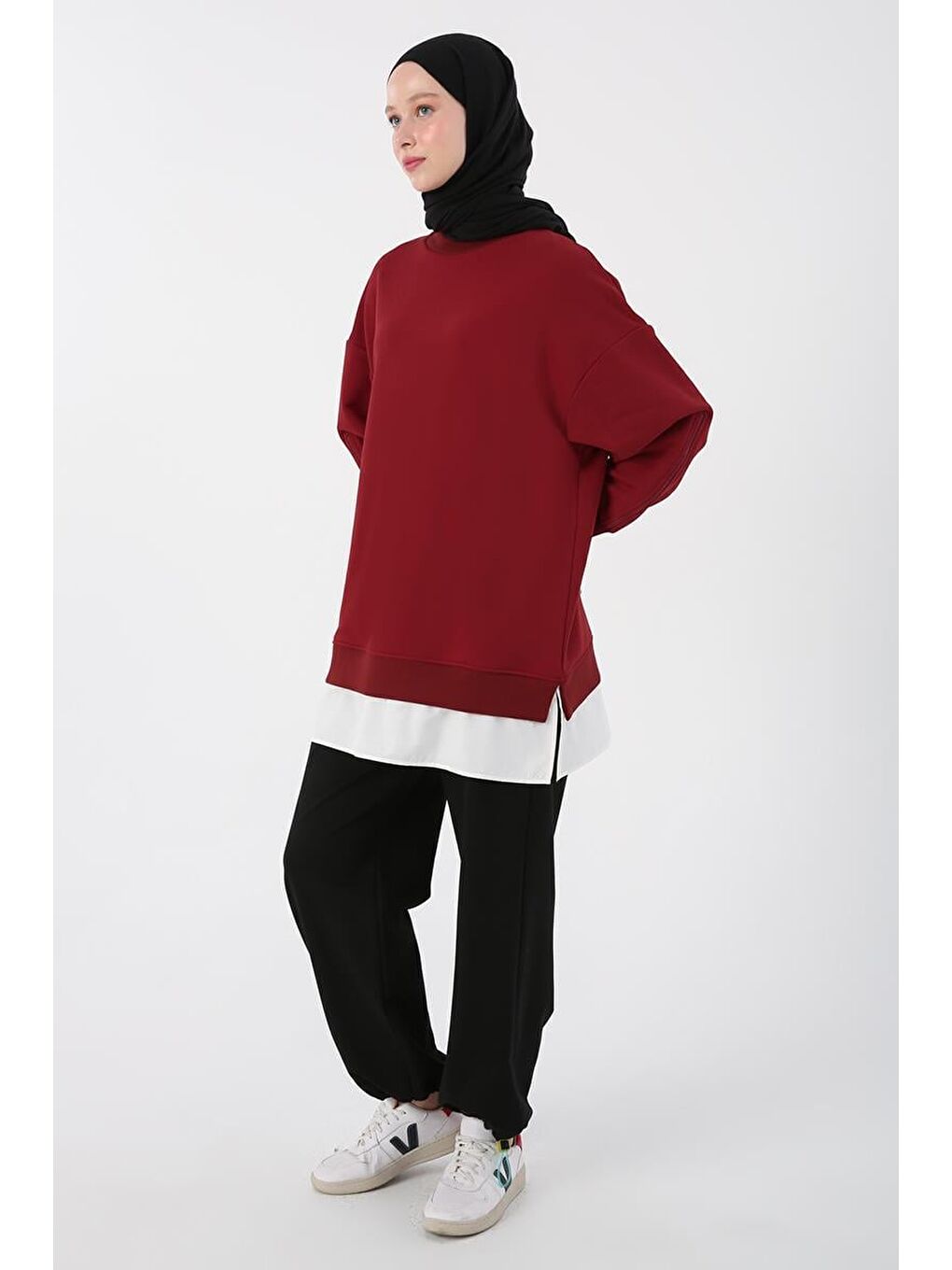 Kırmızı-Kolları Fermuarlı Dokuma Garnili Oversize Sweat-4