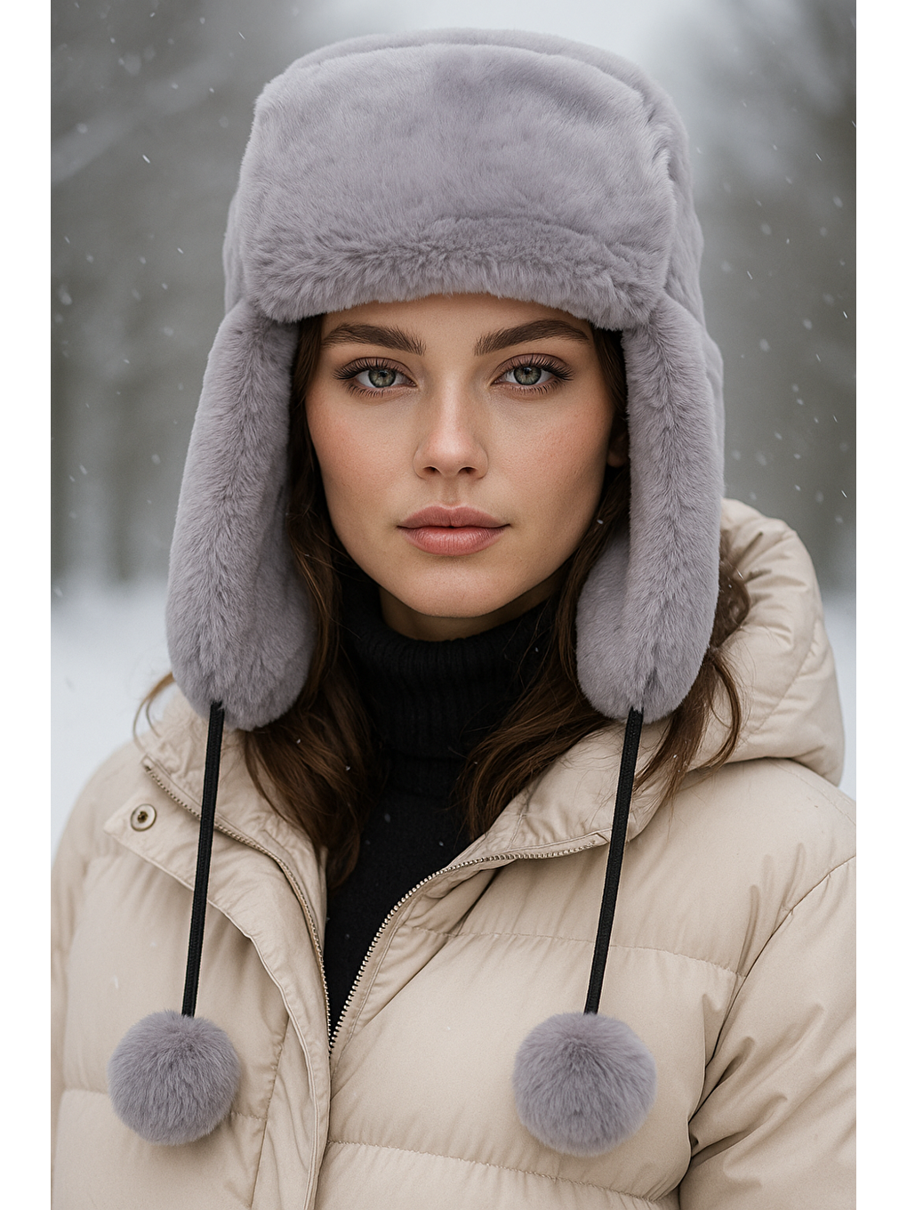 Kadın Gri Kürklü Kulaklıklı Pelüş Şapka Bere1103